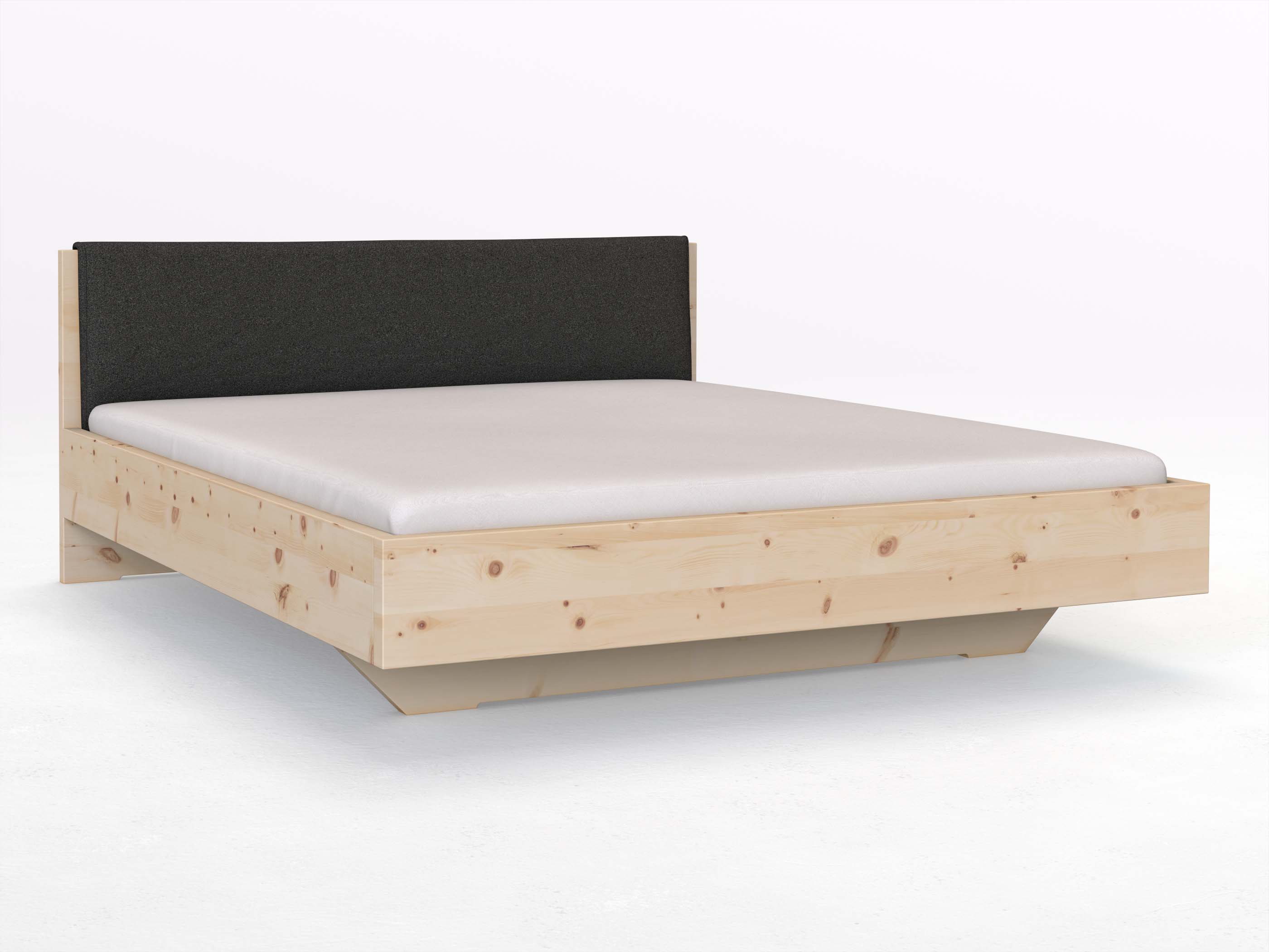 Zirbenbett „Lukas“ in 180 x 200 cm, mit Stoffkopfteil - Stoff: Schafschurwolle „Loden“ in der Farbe Anthrazit