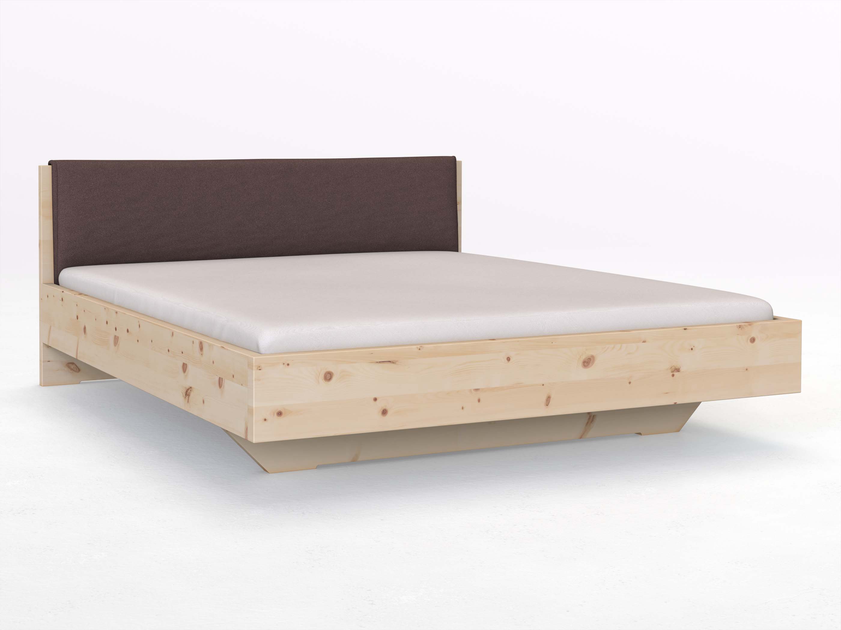 Zirbenbett „Lukas“ in 180 x 200 cm, mit Stoffkopfteil - Stoff: Schafschurwolle „Loden“ in der Farbe Abenddämmerung