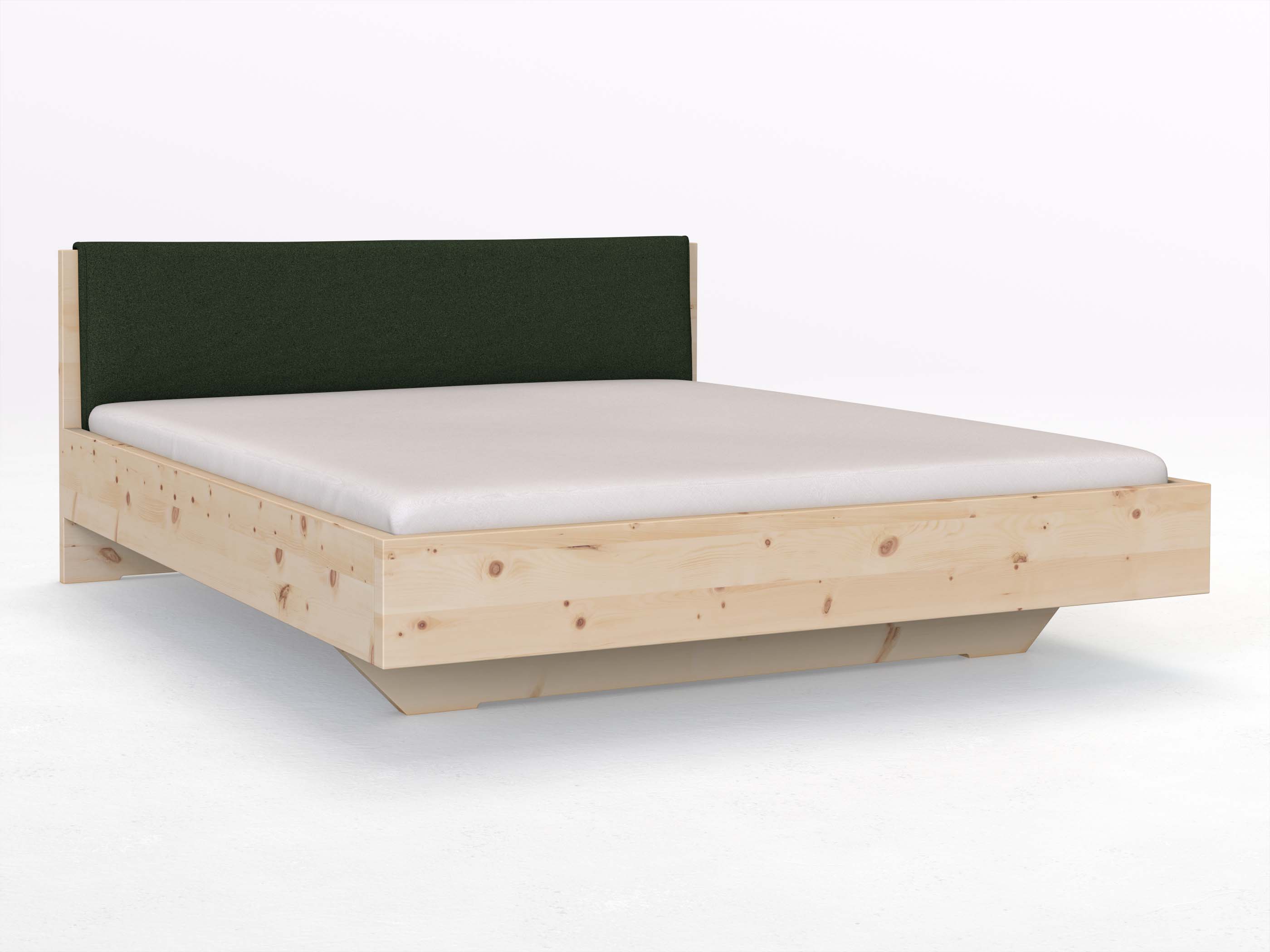 Zirbenbett „Lukas“ in 180 x 200 cm, mit Stoffkopfteil - Stoff: Schafschurwolle „Loden“ in der Farbe Tannenwald
