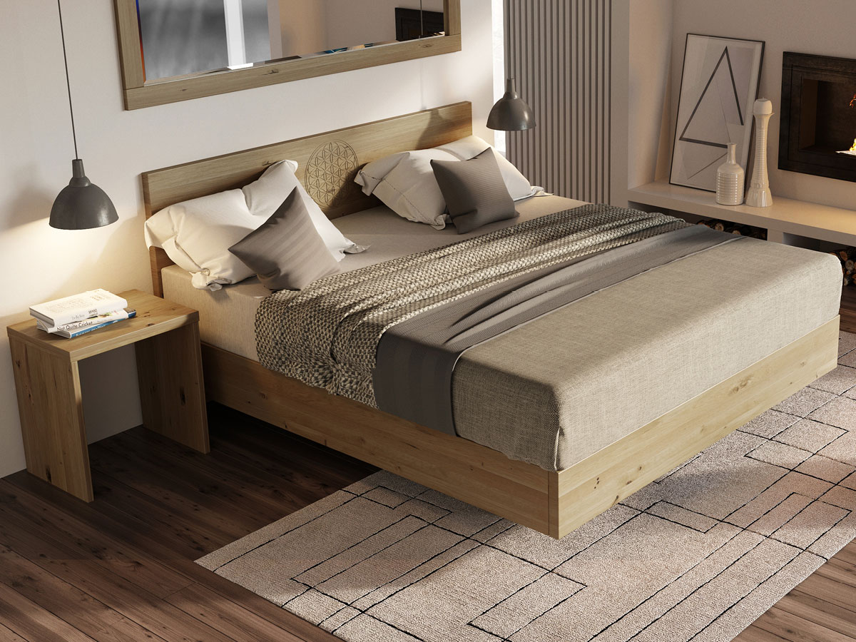 Schlafzimmer mit Wildeichenbett „Lukas“ Boxspring mit Gravur