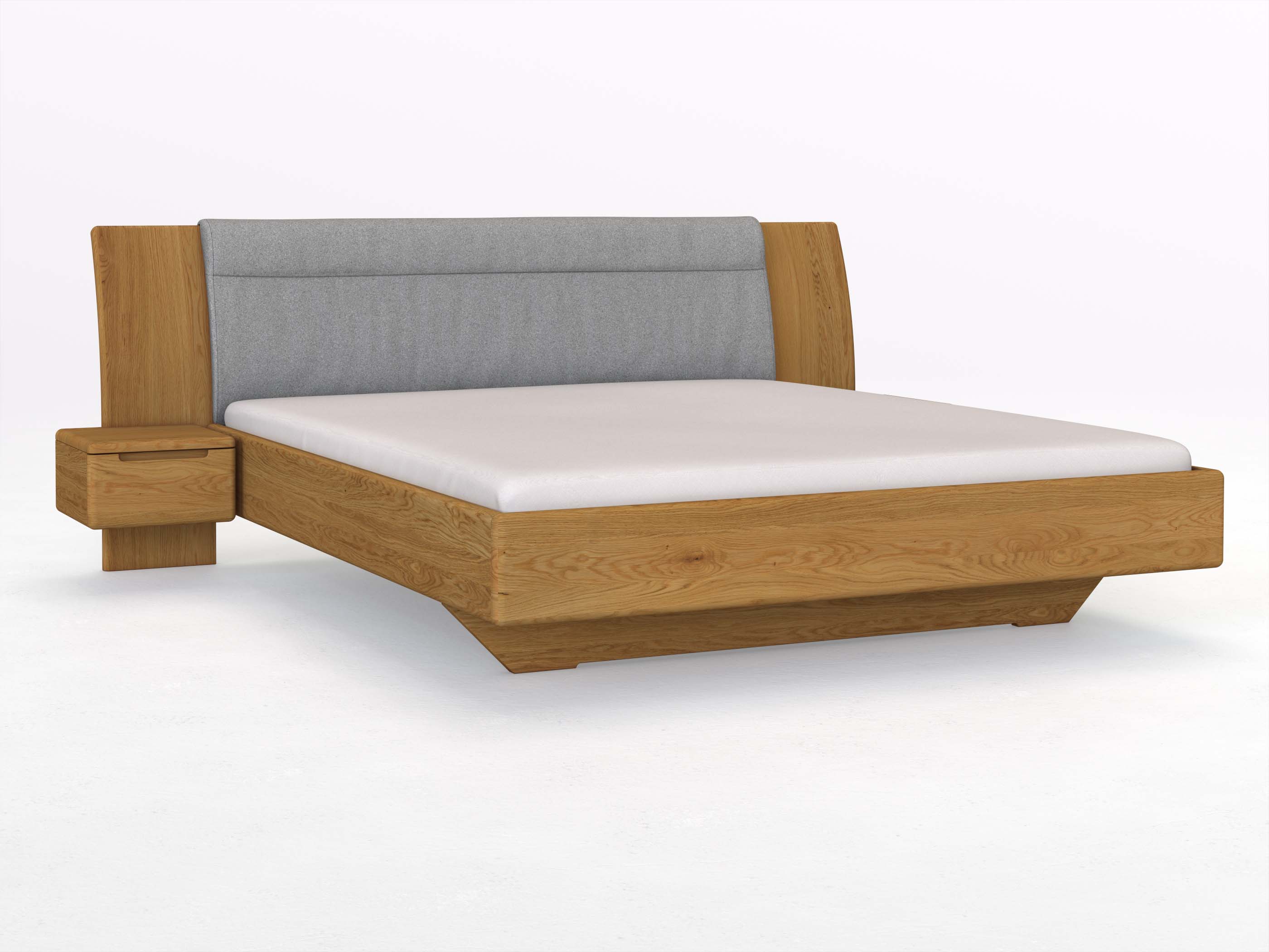 Eichenbett „Nadja“ in 180 x 200 cm, mit zwei Nachttischen (40cm) Griff: Griffleiste B und Stoff: Schafschurwolle „Loden“ in der Farbe Nebelgrau