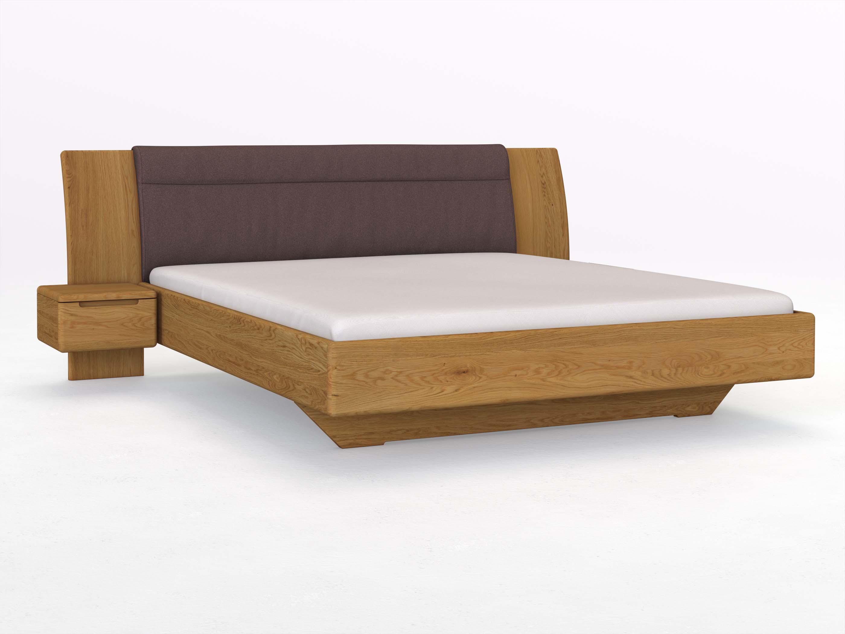Eichenbett „Nadja“ in 180 x 200 cm, mit zwei Nachttischen (40cm) Griff: Griffleiste B und Stoff: Schafschurwolle „Loden“ in der Farbe Abenddämmerung