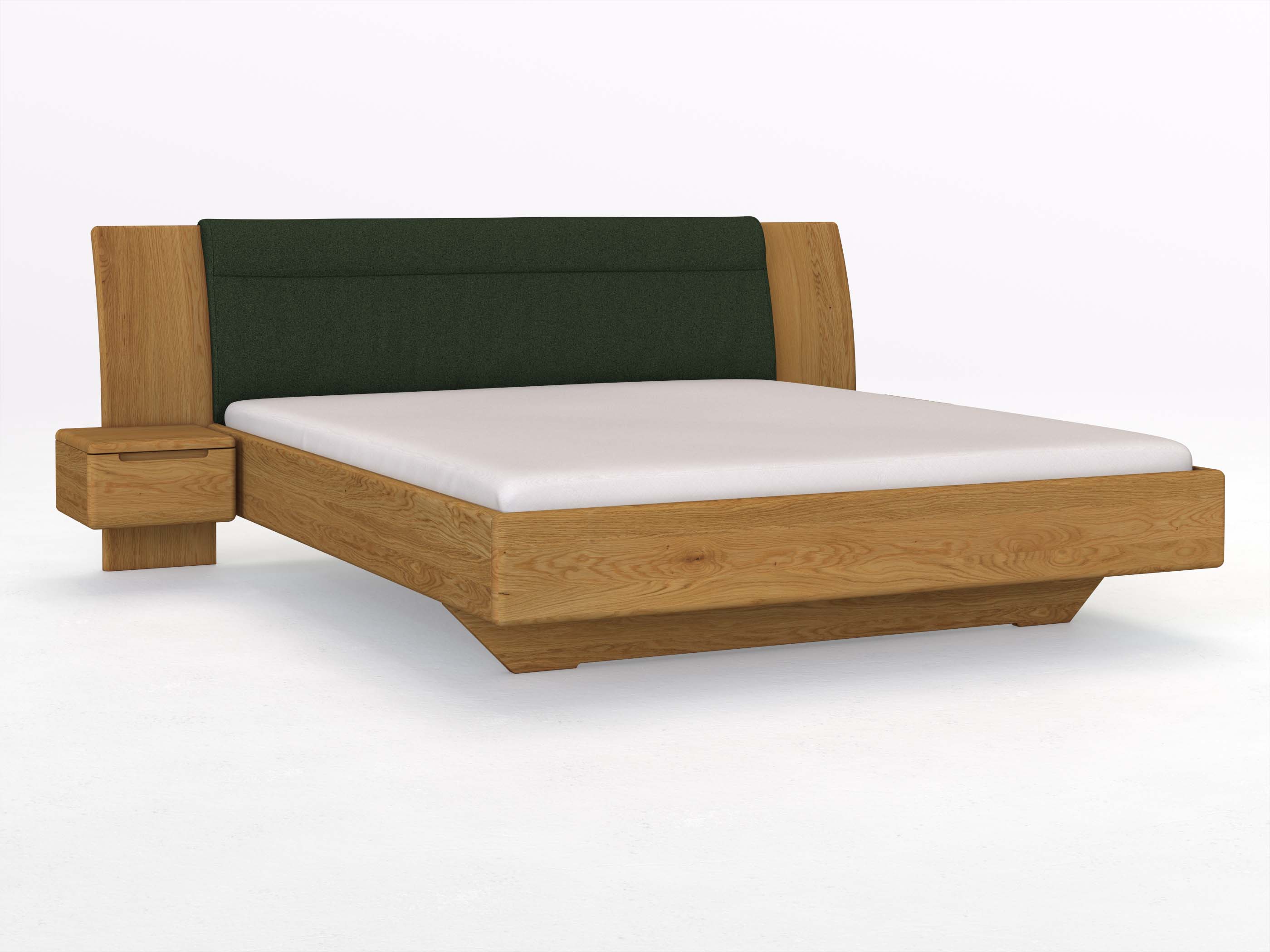 Eichenbett „Nadja“ in 180 x 200 cm, mit zwei Nachttischen (40cm) Griff: Griffleiste B und Stoff: Schafschurwolle „Loden“ in der Farbe Tannenwald