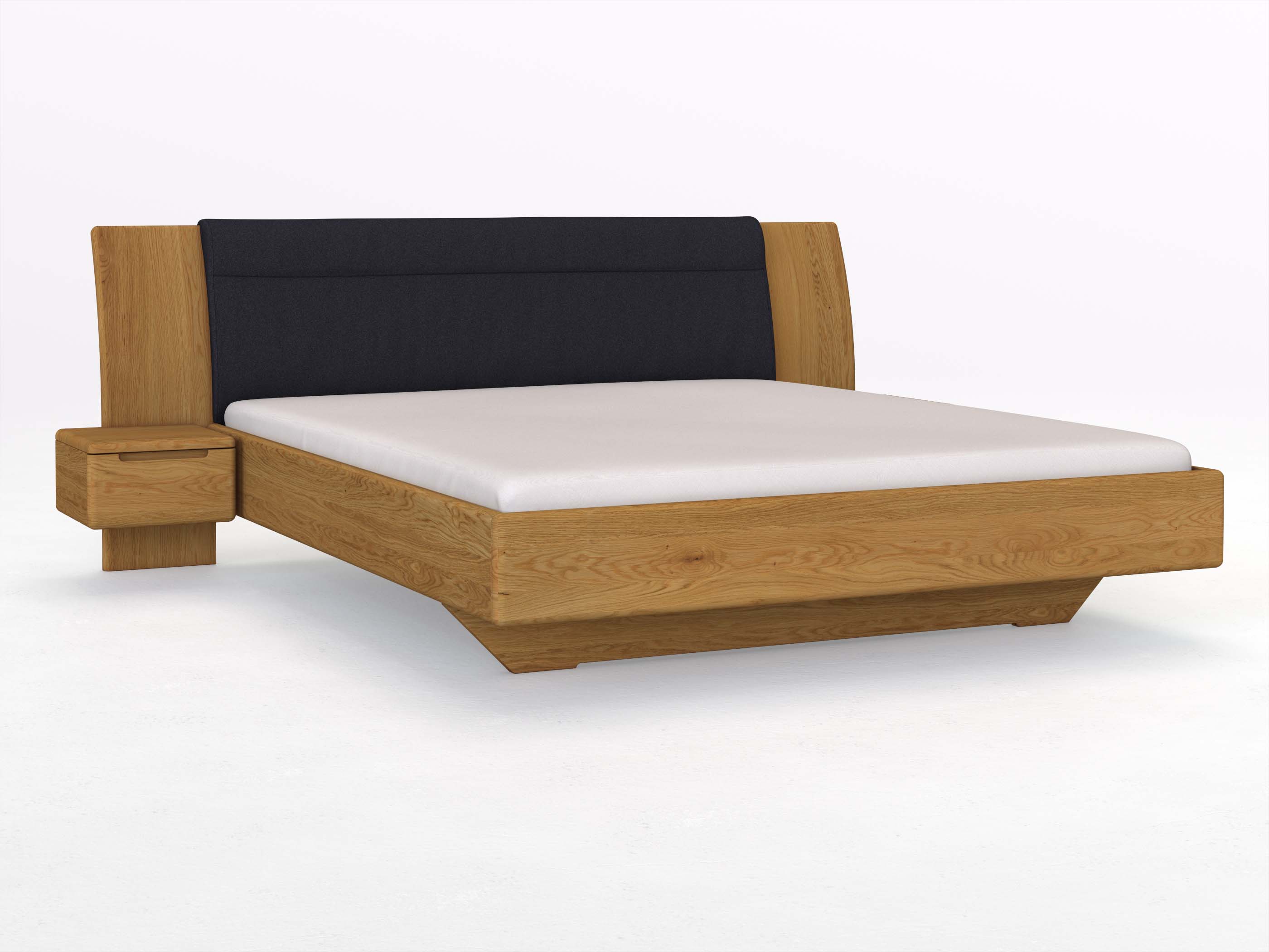 Eichenbett „Nadja“ in 180 x 200 cm, mit zwei Nachttischen (40cm) Griff: Griffleiste B und Stoff: Schafschurwolle „Loden“ in der Farbe Nachtblau