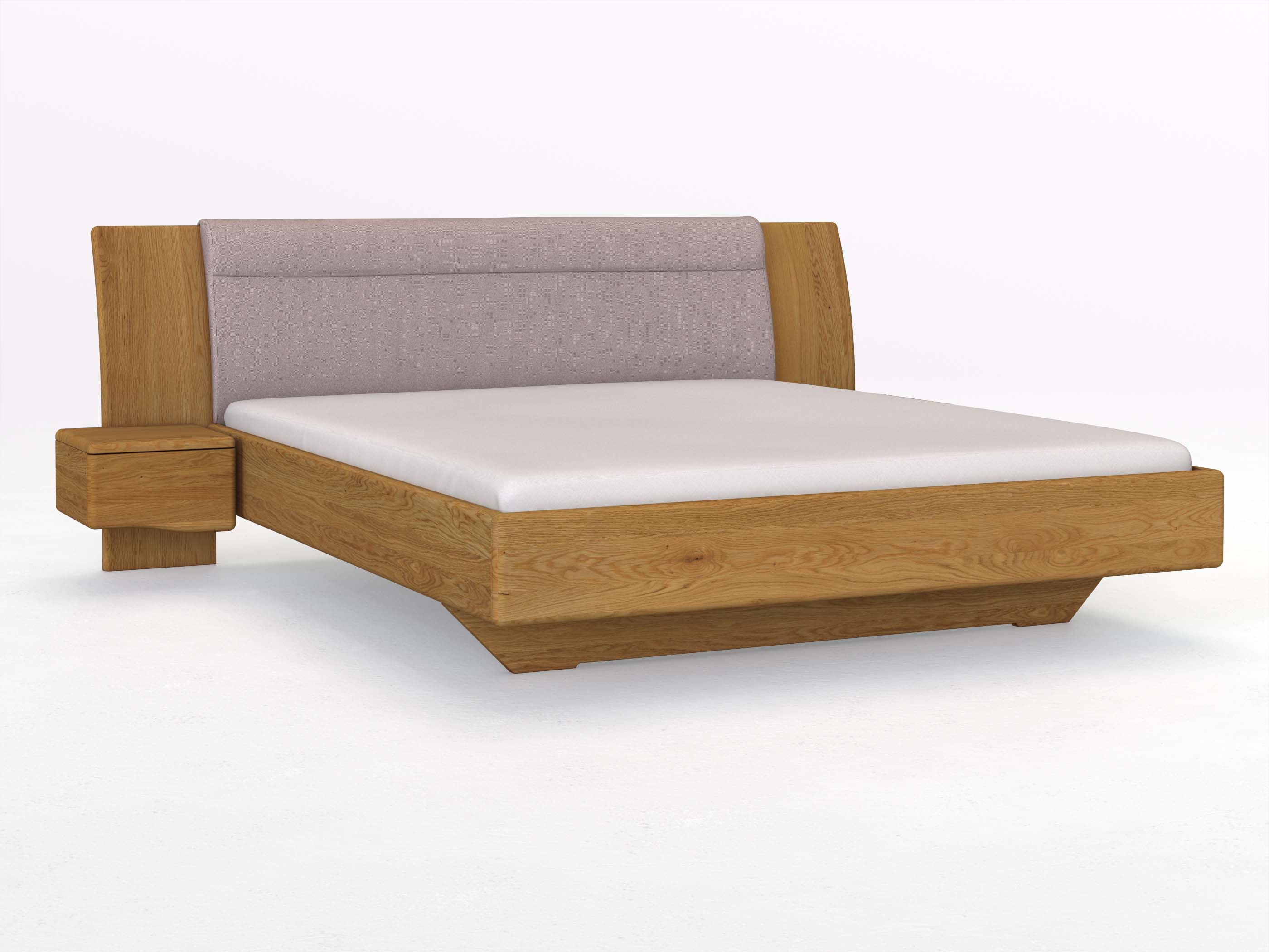 Eichenbett „Nadja“ in 180 x 200 cm, mit zwei Nachttischen (40cm) Griff: Welle und Stoff: Schafschurwolle „Fischgrät“ in der Farbe Zartflieder