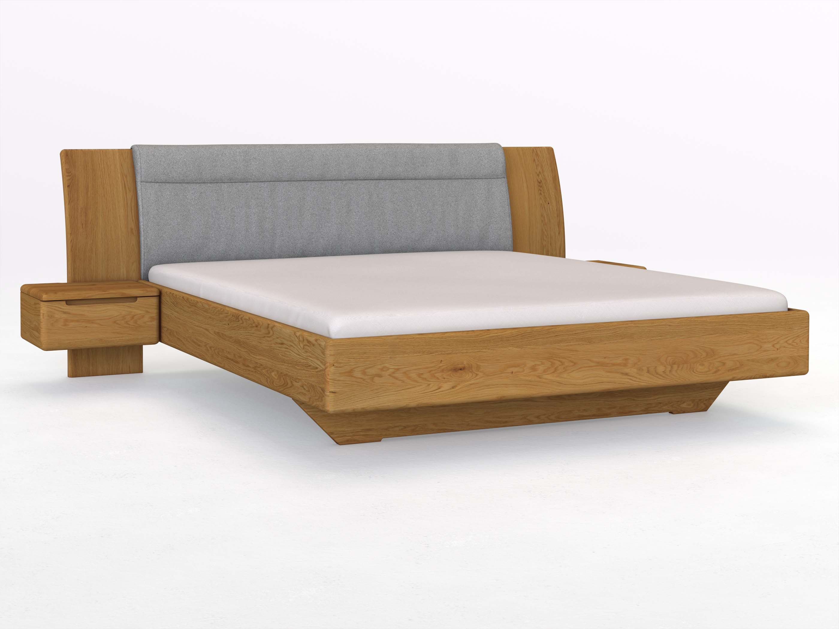 Eichenbett „Nadja“ in 180 x 200 cm, mit zwei Nachttischen (50cm) Griff: Griffleiste B und Stoff: Schafschurwolle „Loden“ in der Farbe Nebelgrau