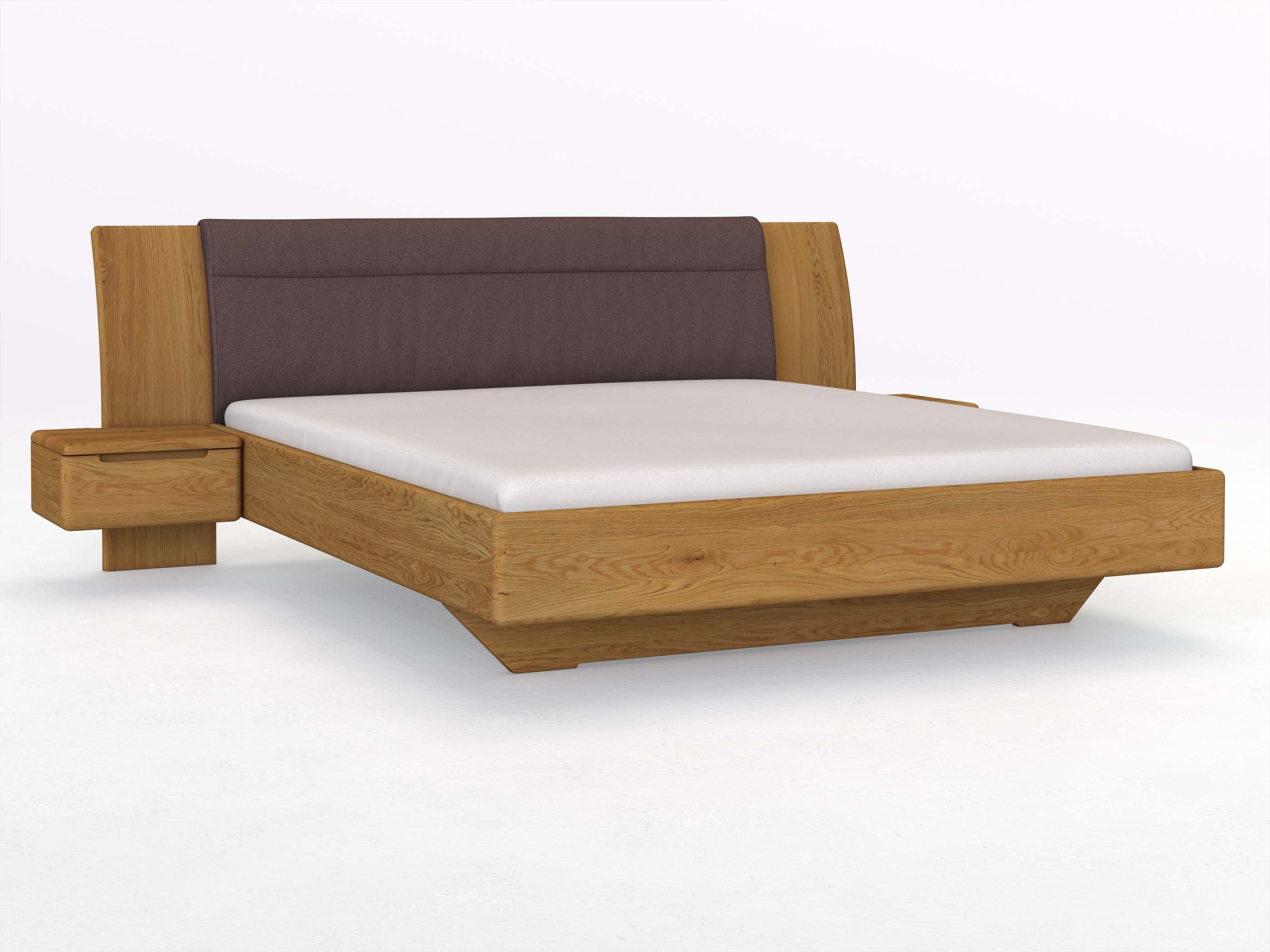 Eichenbett „Nadja“ in 180 x 200 cm, mit zwei Nachttischen (50cm) Griff: Griffleiste B und Stoff: Schafschurwolle „Loden“ in der Farbe Abenddämmerung