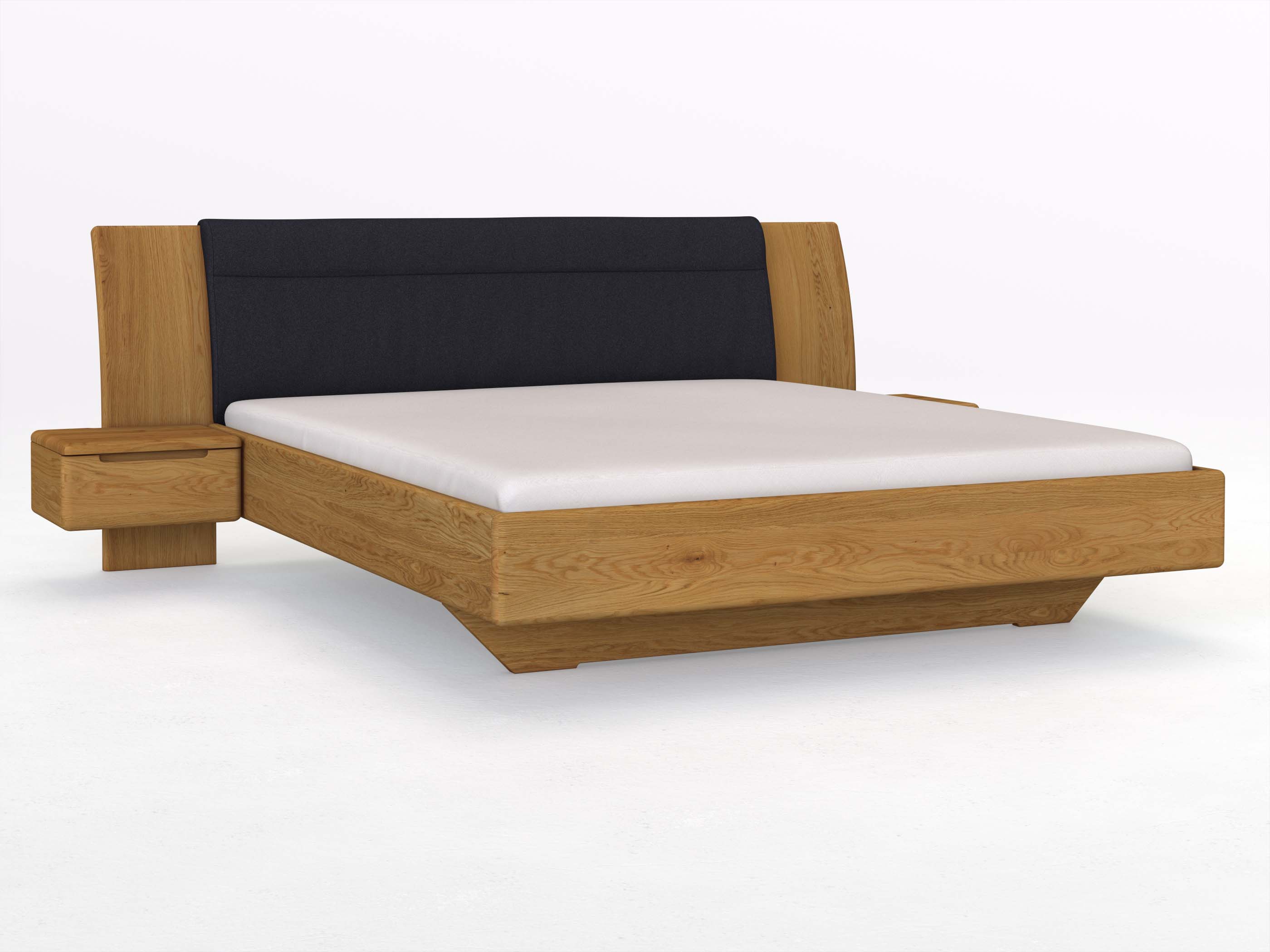 Eichenbett „Nadja“ in 180 x 200 cm, mit zwei Nachttischen (50cm) Griff: Griffleiste B und Stoff: Schafschurwolle „Loden“ in der Farbe Nachtblau