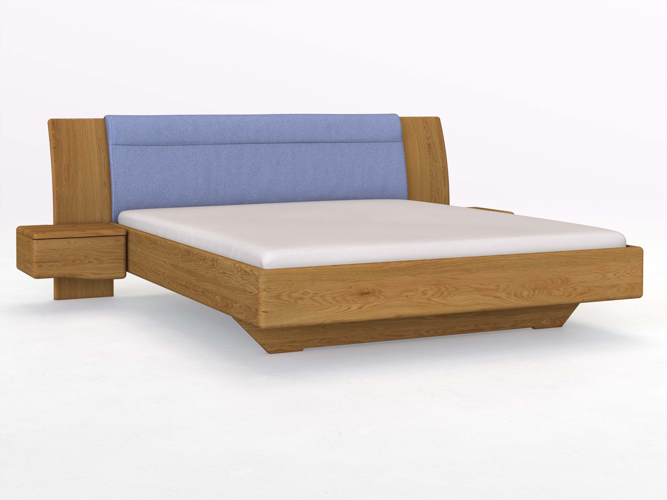 Eichenbett „Nadja“ in 180 x 200 cm, mit zwei Nachttischen (50cm) Griff: Welle und Stoff: Schafschurwolle „Fischgrät“ in der Farbe Kornblume