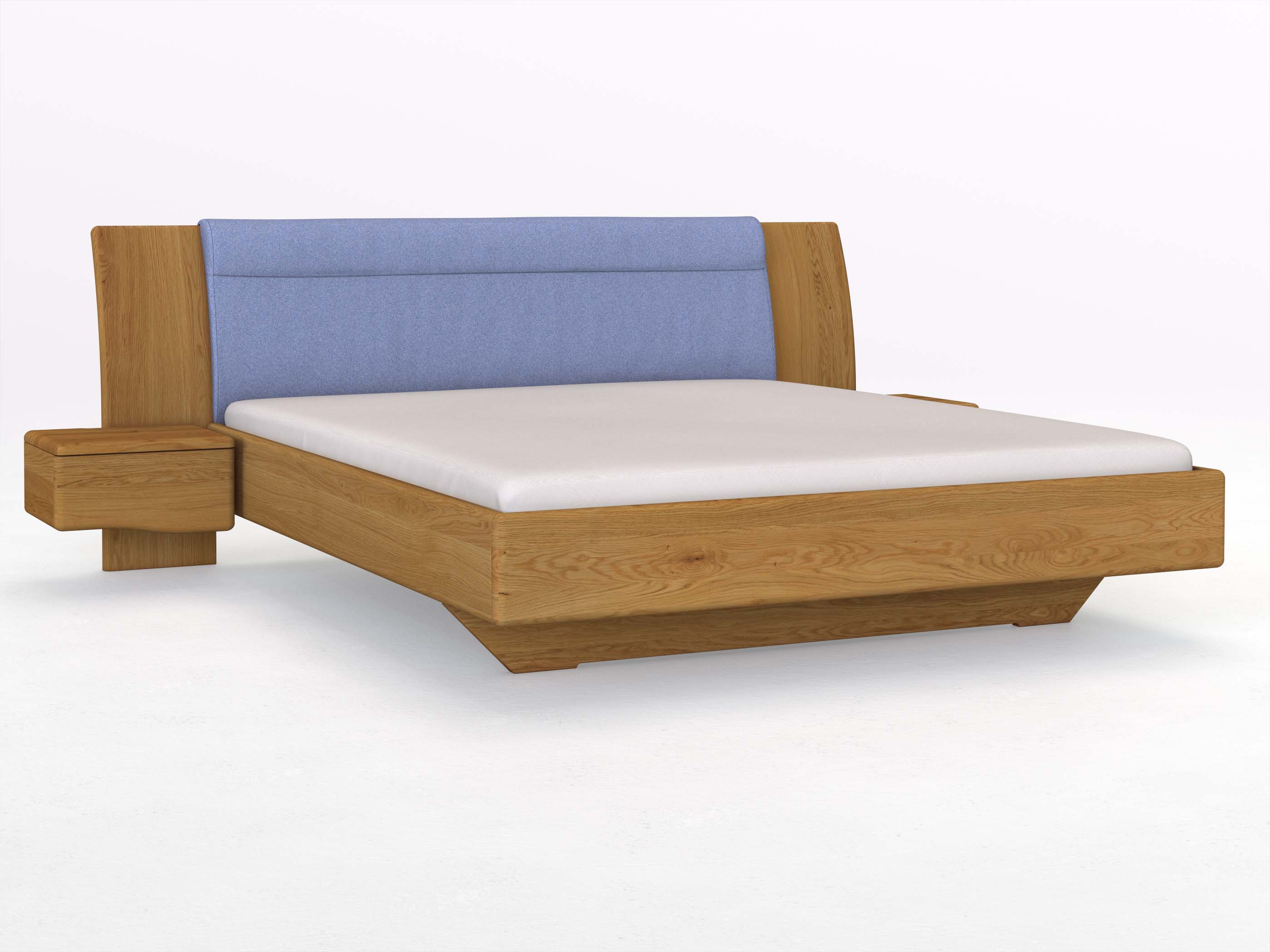 Eichenbett „Nadja“ in 180 x 200 cm, mit zwei Nachttischen (50cm) Griff: Welle und Stoff: Schafschurwolle „Fischgrät“ in der Farbe Kornblume