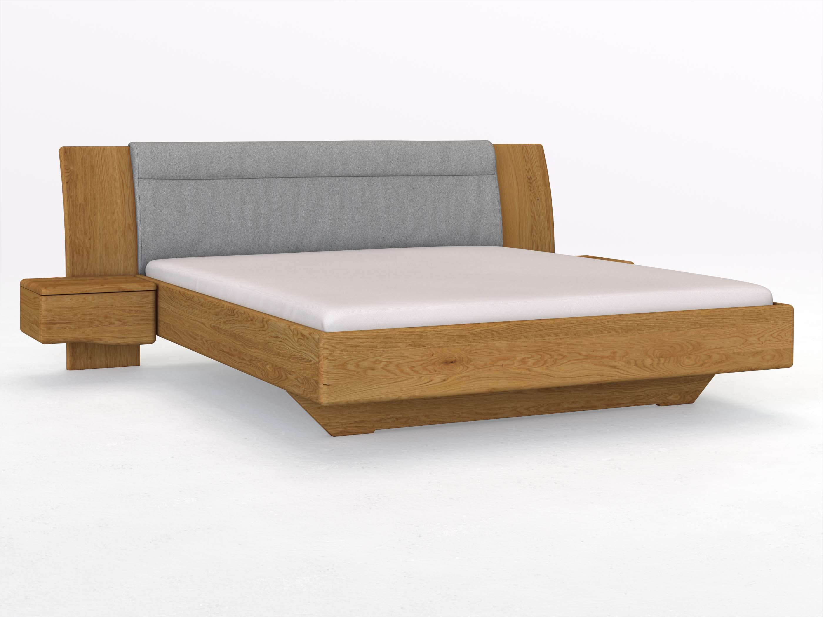 Eichenbett „Nadja“ in 180 x 200 cm, mit zwei Nachttischen (50cm) Griff: Welle und Stoff: Schafschurwolle „Loden“ in der Farbe Nebelgrau