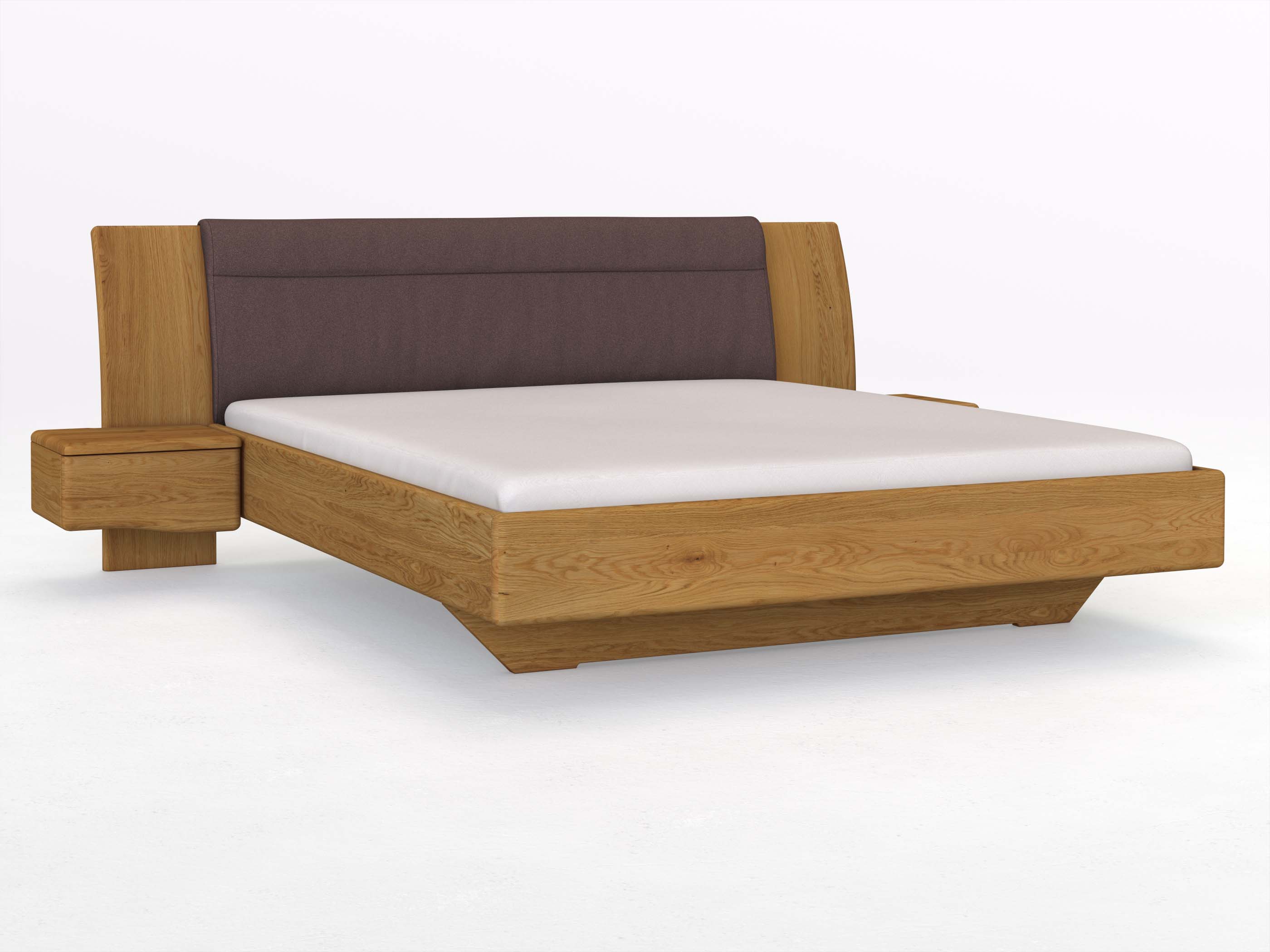 Eichenbett „Nadja“ in 180 x 200 cm, mit zwei Nachttischen (50cm) Griff: Welle und Stoff: Schafschurwolle „Loden“ in der Farbe Abenddämmerung