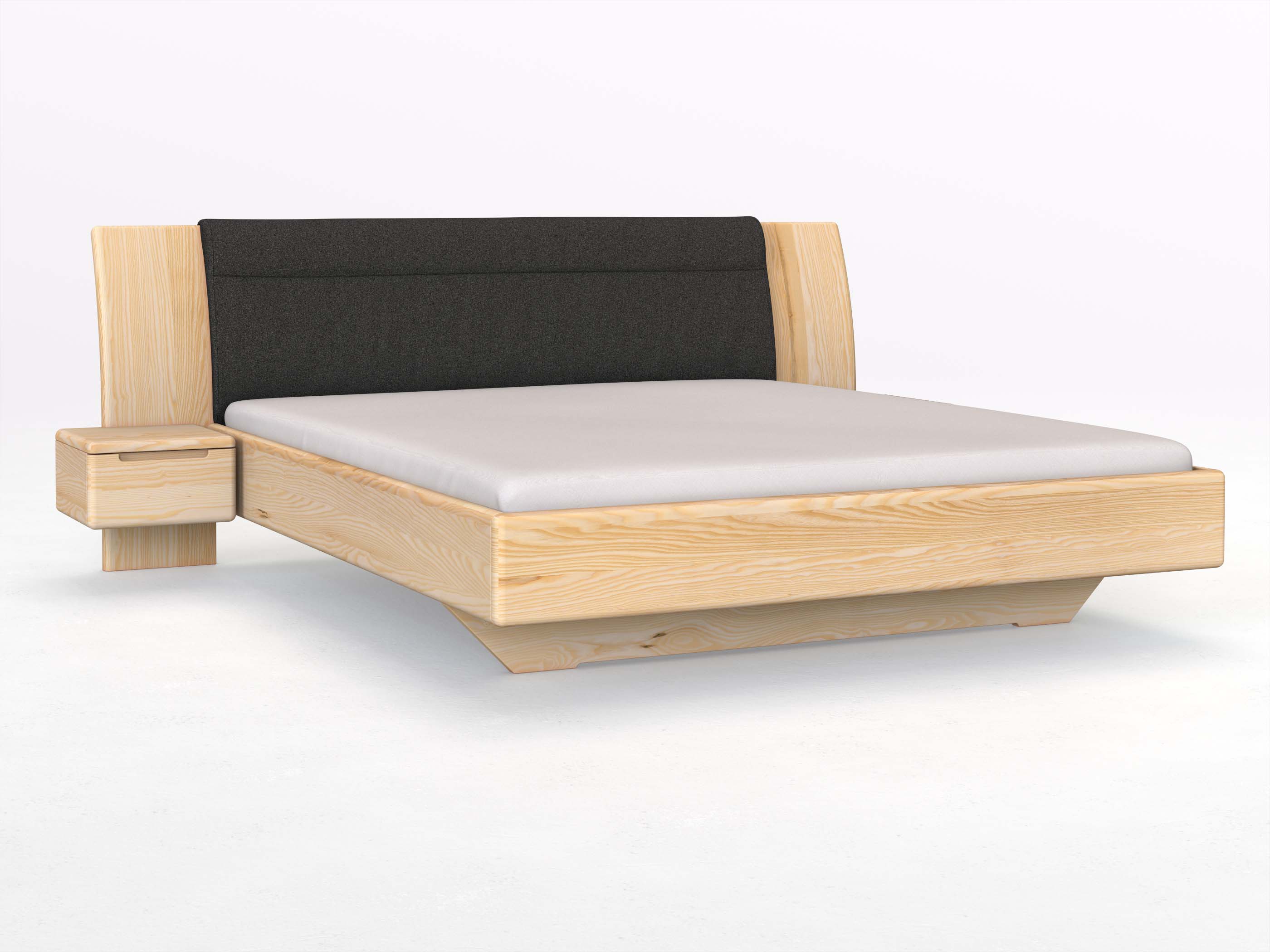 Eschenbett „Nadja“ in 180 x 200 cm, mit zwei Nachttischen (40cm) Griff: Griffleiste B und Stoff: Schafschurwolle „Loden“ in der Farbe Anthrazit