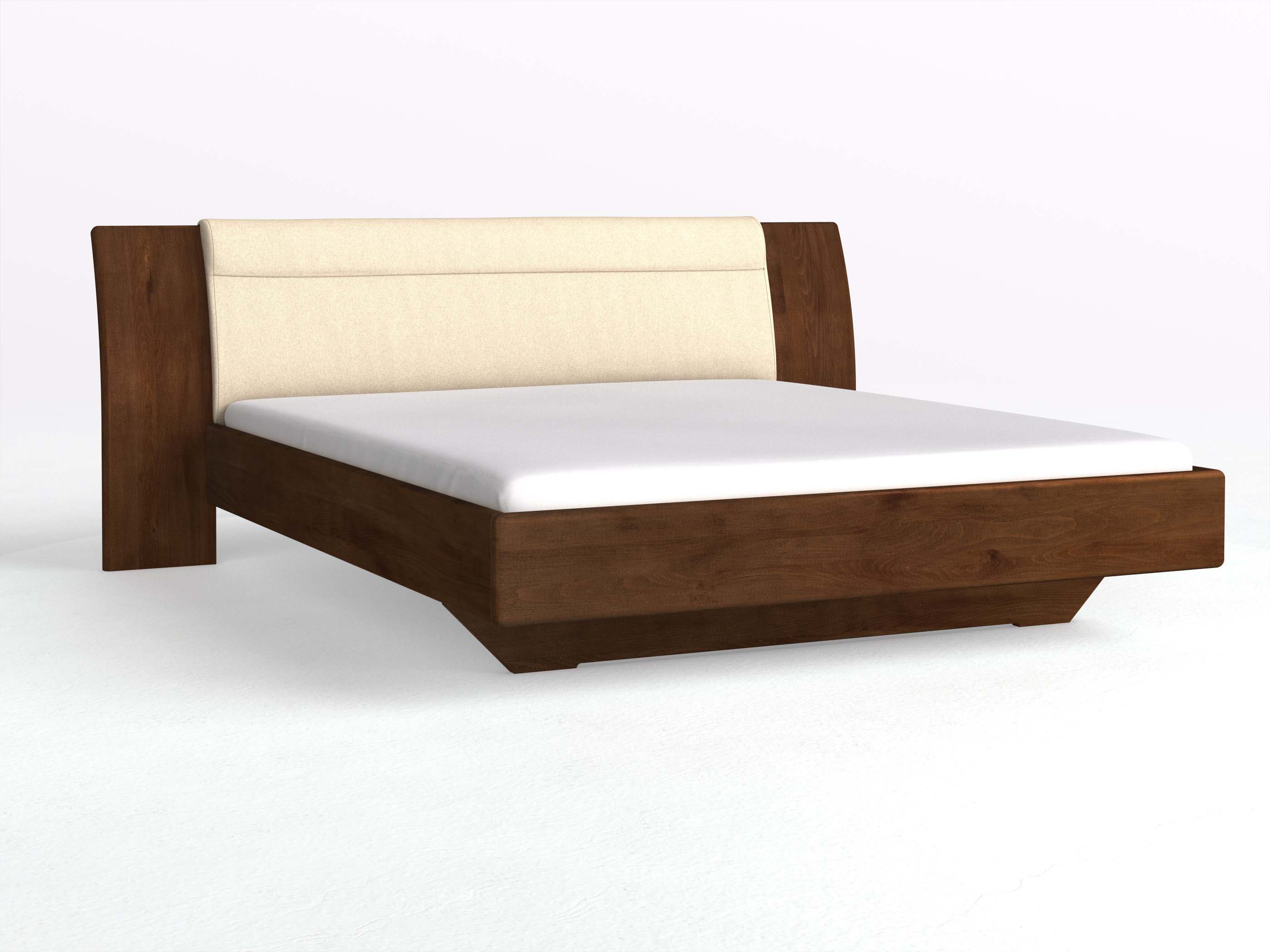 Buchenbett Dunkle „Nadja“ in 180 x 200 cm, mit Stoff: Schafschurwolle „Fischgrät“ in der Farbe Holunderblüte