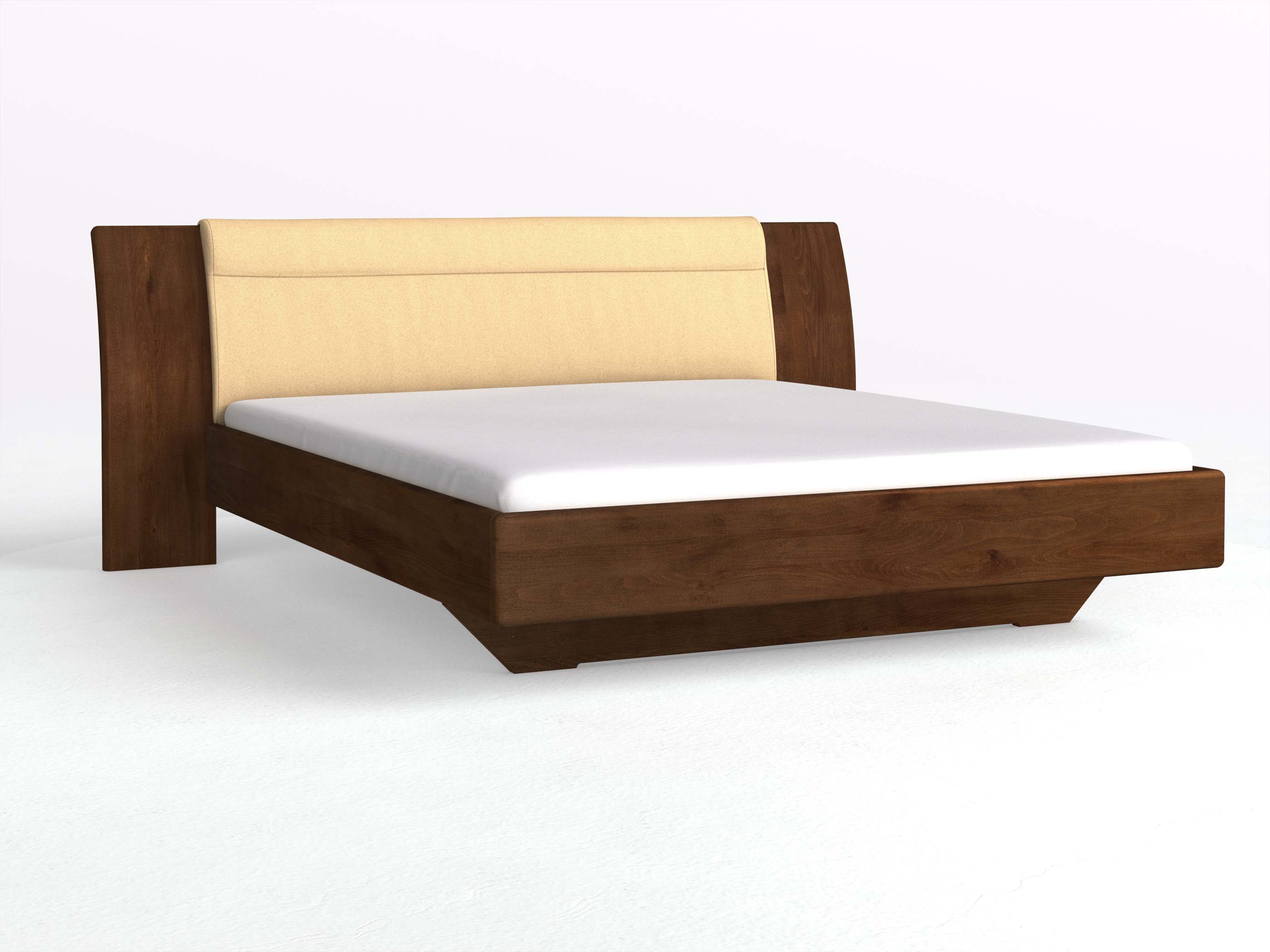 Buchenbett Dunkle „Nadja“ in 180 x 200 cm, mit Stoff: Schafschurwolle „Fischgrät“ in der Farbe Goldhirse