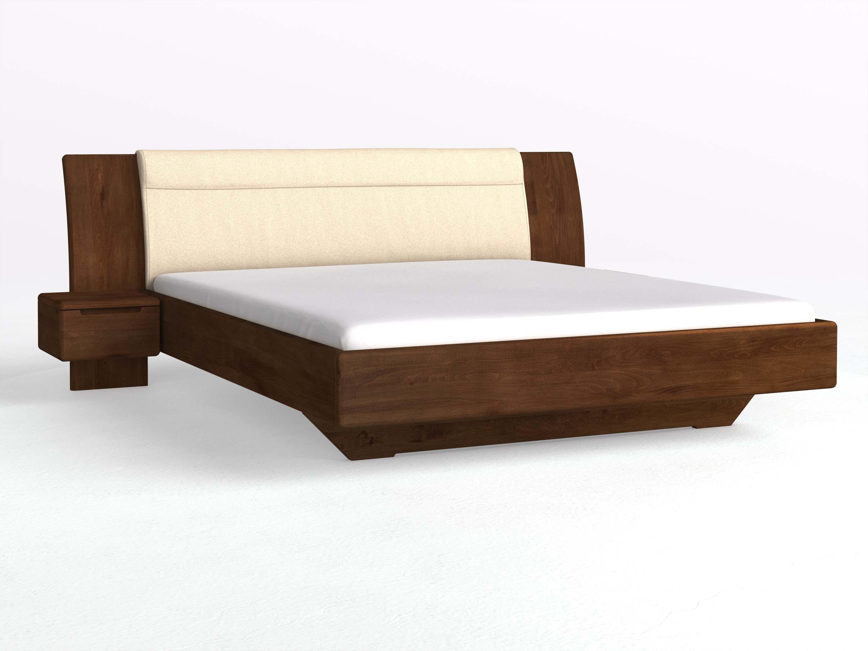 Buchenbett Dunkel „Nadja“ in 180 x 200 cm, mit zwei Nachttischen (40cm) Griff: Griffleiste B und Stoff: Schafschurwolle „Fischgrät“ in der Farbe Holunderblüte