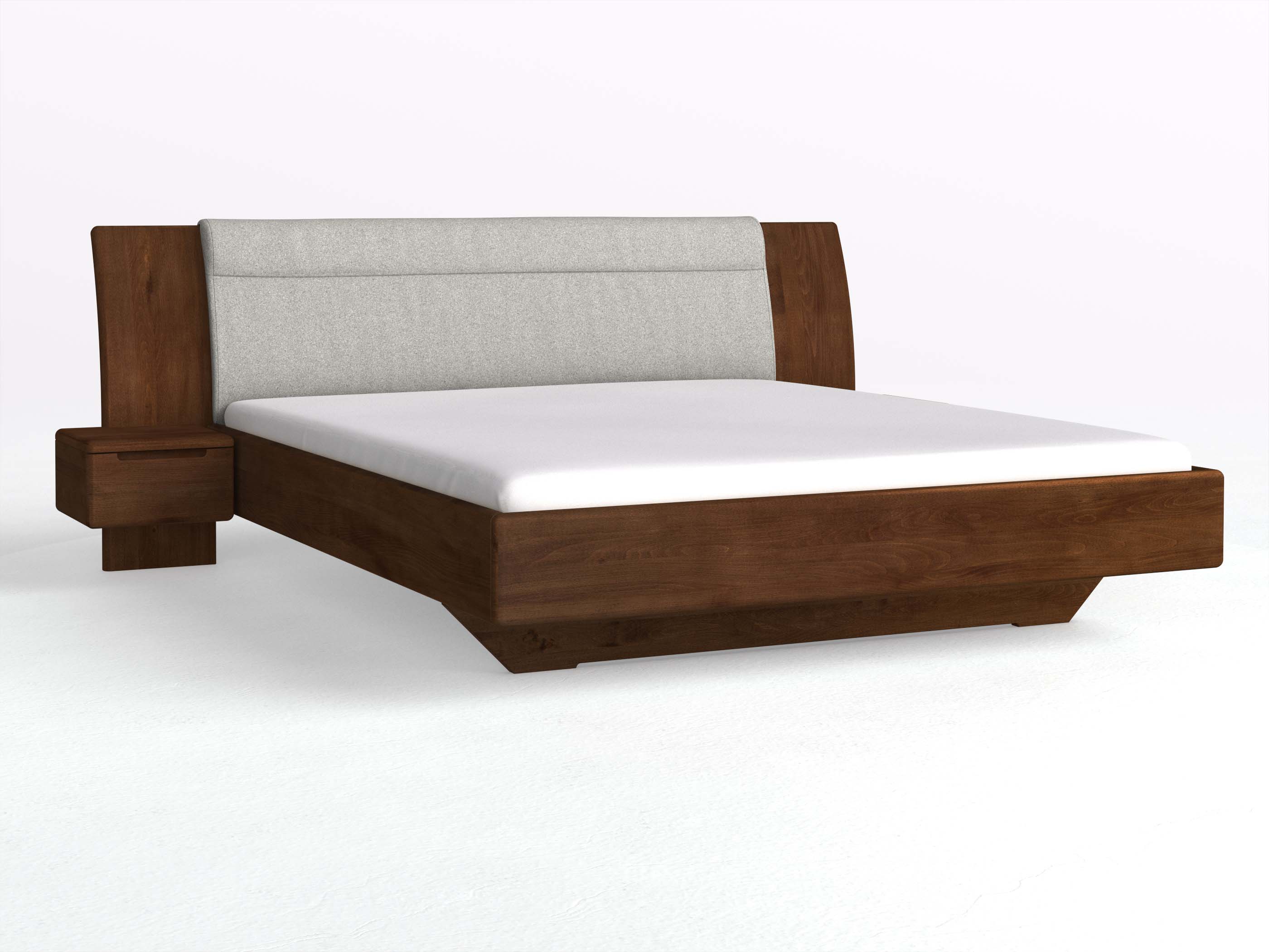 Buchenbett Dunkel „Nadja“ in 180 x 200 cm, mit zwei Nachttischen (40cm) Griff: Griffleiste B und Stoff: Schafschurwolle „Loden“ in der Farbe Nebelgrau