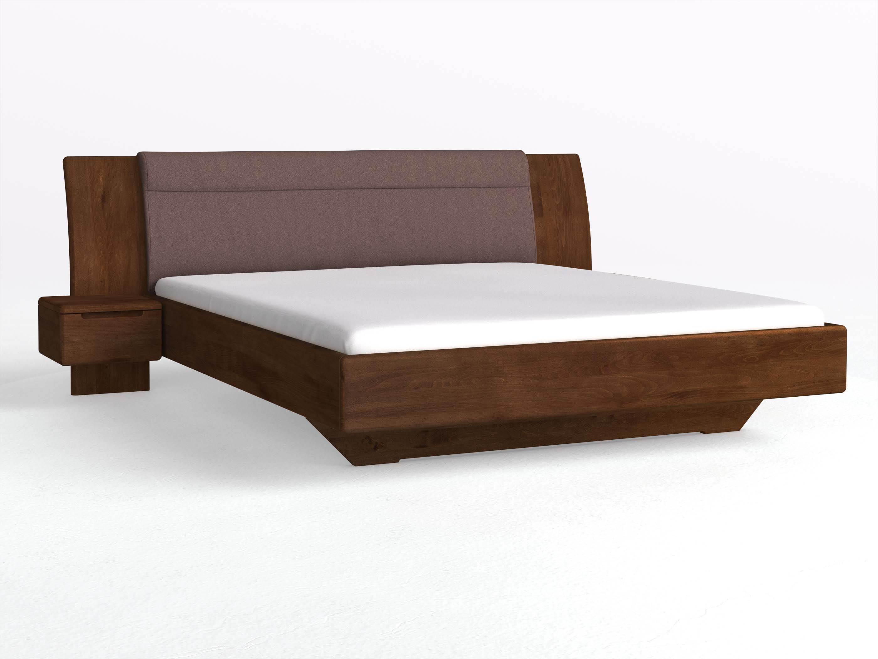 Buchenbett Dunkel „Nadja“ in 180 x 200 cm, mit zwei Nachttischen (40cm) Griff: Griffleiste B und Stoff: Schafschurwolle „Loden“ in der Farbe Abenddämmerung