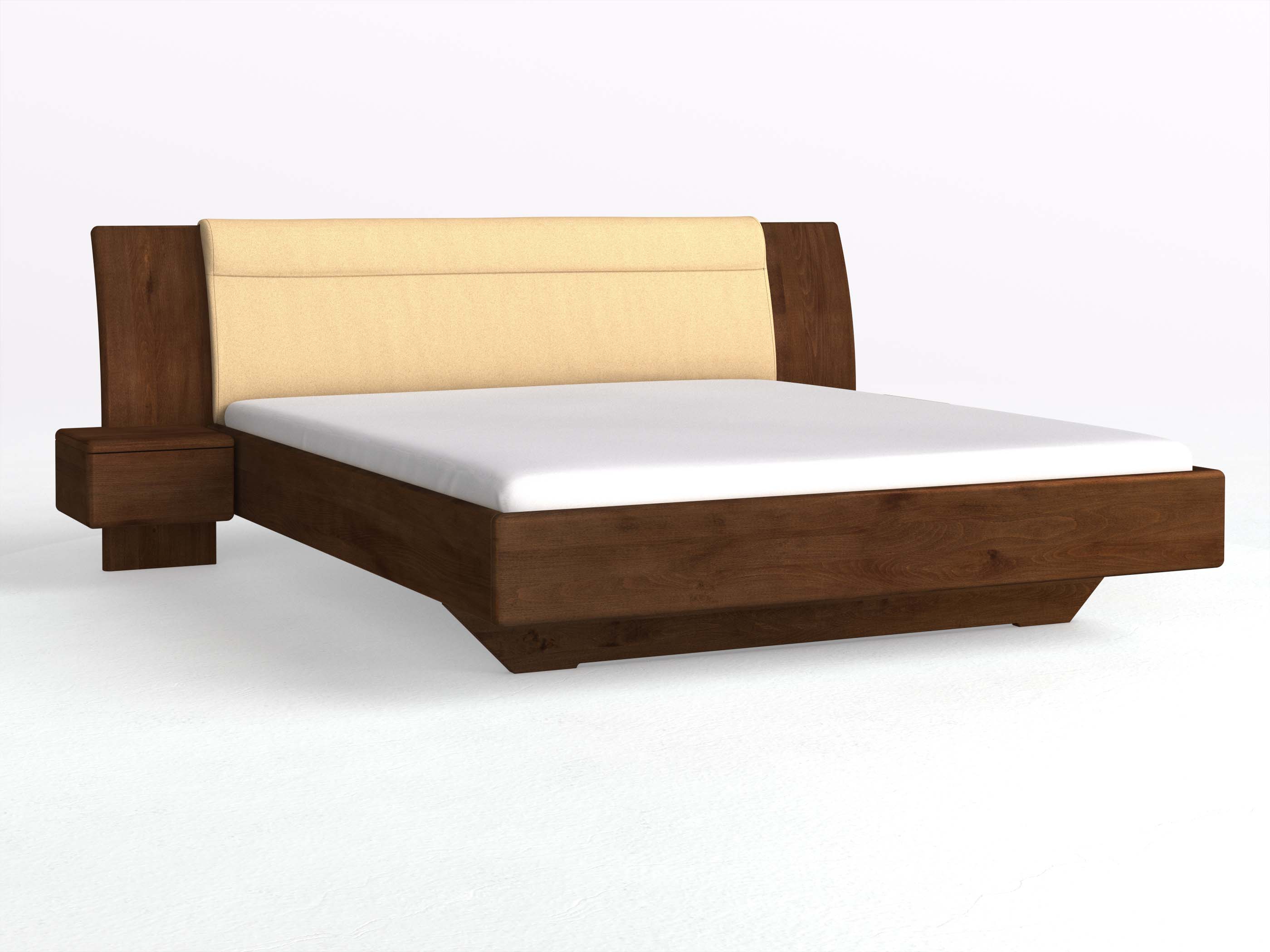 Buchenbett Dunkel „Nadja“ in 180 x 200 cm, mit zwei Nachttischen (40cm) Griff: Grifflos und Stoff: Schafschurwolle „Fischgrät“ in der Farbe Goldhirse