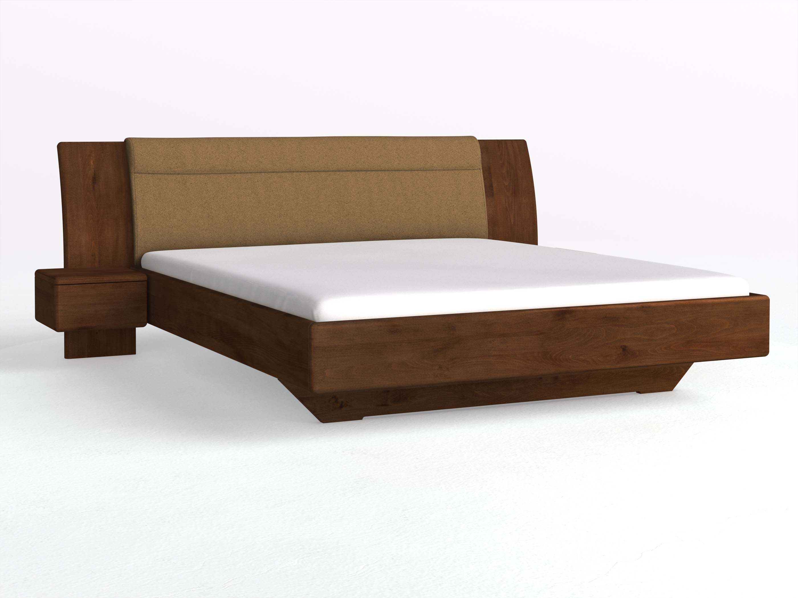 Buchenbett Dunkel „Nadja“ in 180 x 200 cm, mit zwei Nachttischen (40cm) Griff: Grifflos und Stoff: Schafschurwolle „Loden“ in der Farbe Zimtrinde