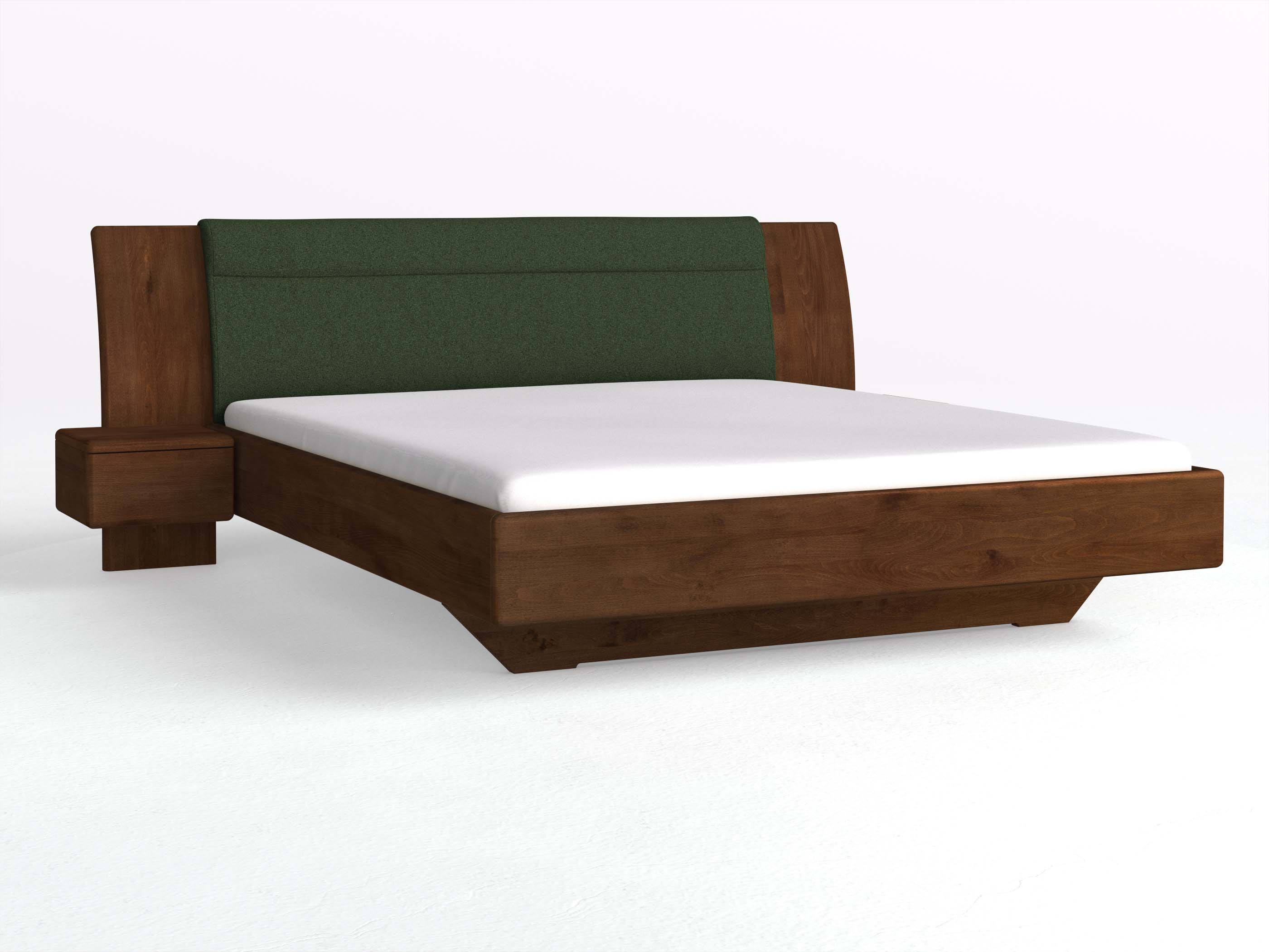 Buchenbett Dunkel „Nadja“ in 180 x 200 cm, mit zwei Nachttischen (40cm) Griff: Grifflos und Stoff: Schafschurwolle „Loden“ in der Farbe Tannenwald