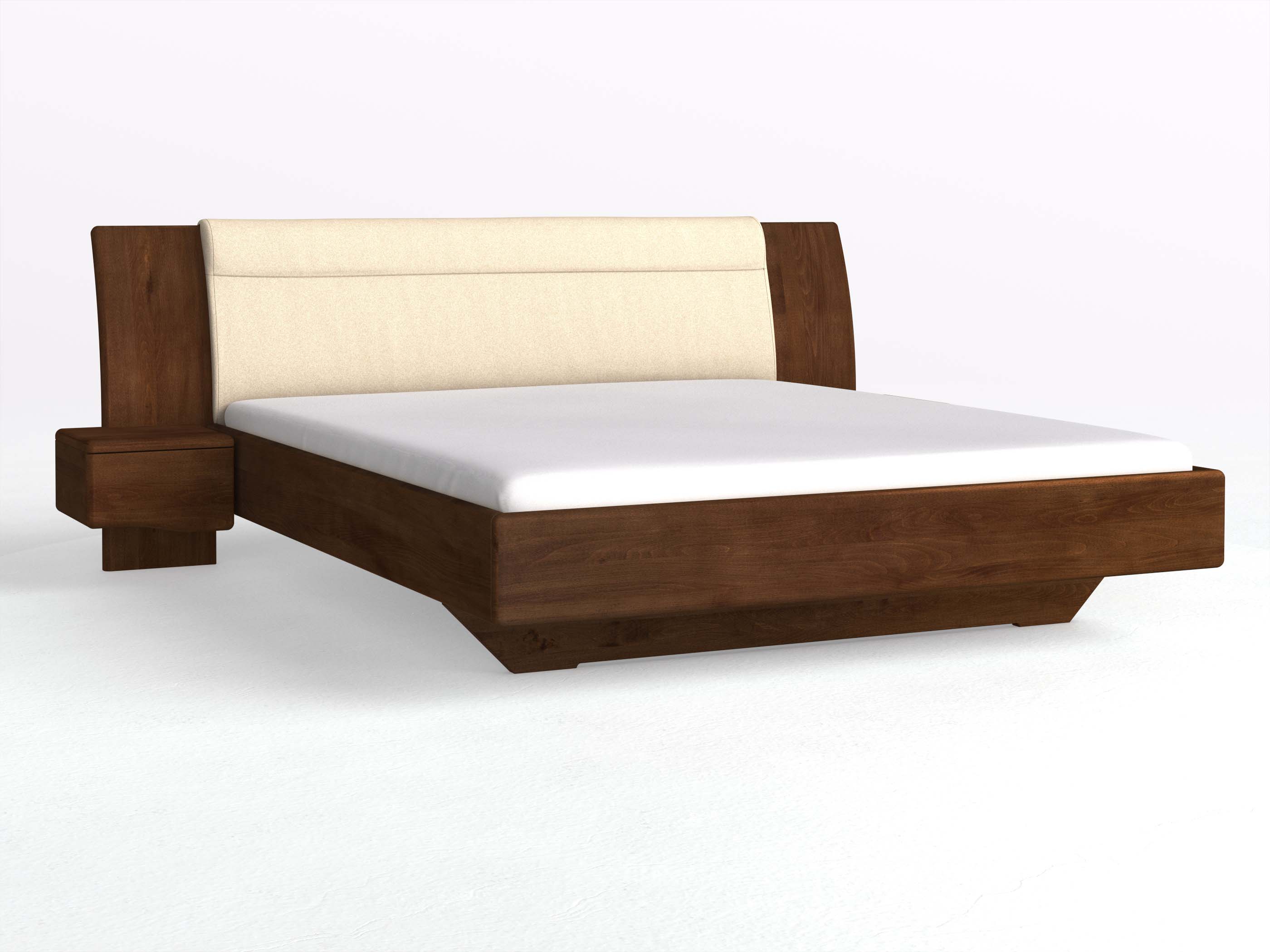 Buchenbett Dunkel „Nadja“ in 180 x 200 cm, mit zwei Nachttischen (40cm) Griff: Welle und Stoff: Schafschurwolle „Fischgrät“ in der Farbe Holunderblüte