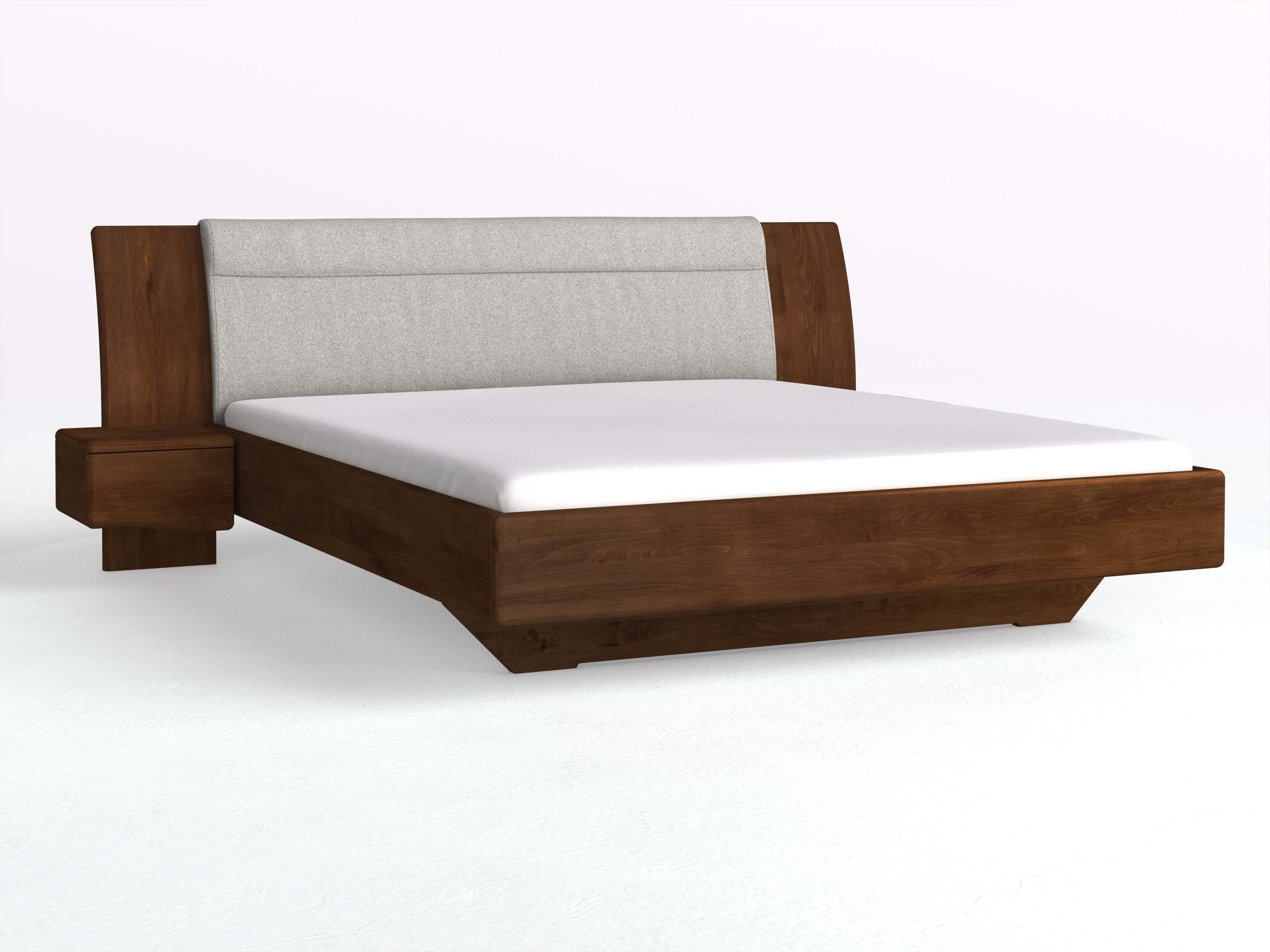 Buchenbett Dunkel „Nadja“ in 180 x 200 cm, mit zwei Nachttischen (40cm) Griff: Welle und Stoff: Schafschurwolle „Loden“ in der Farbe Nebelgrau