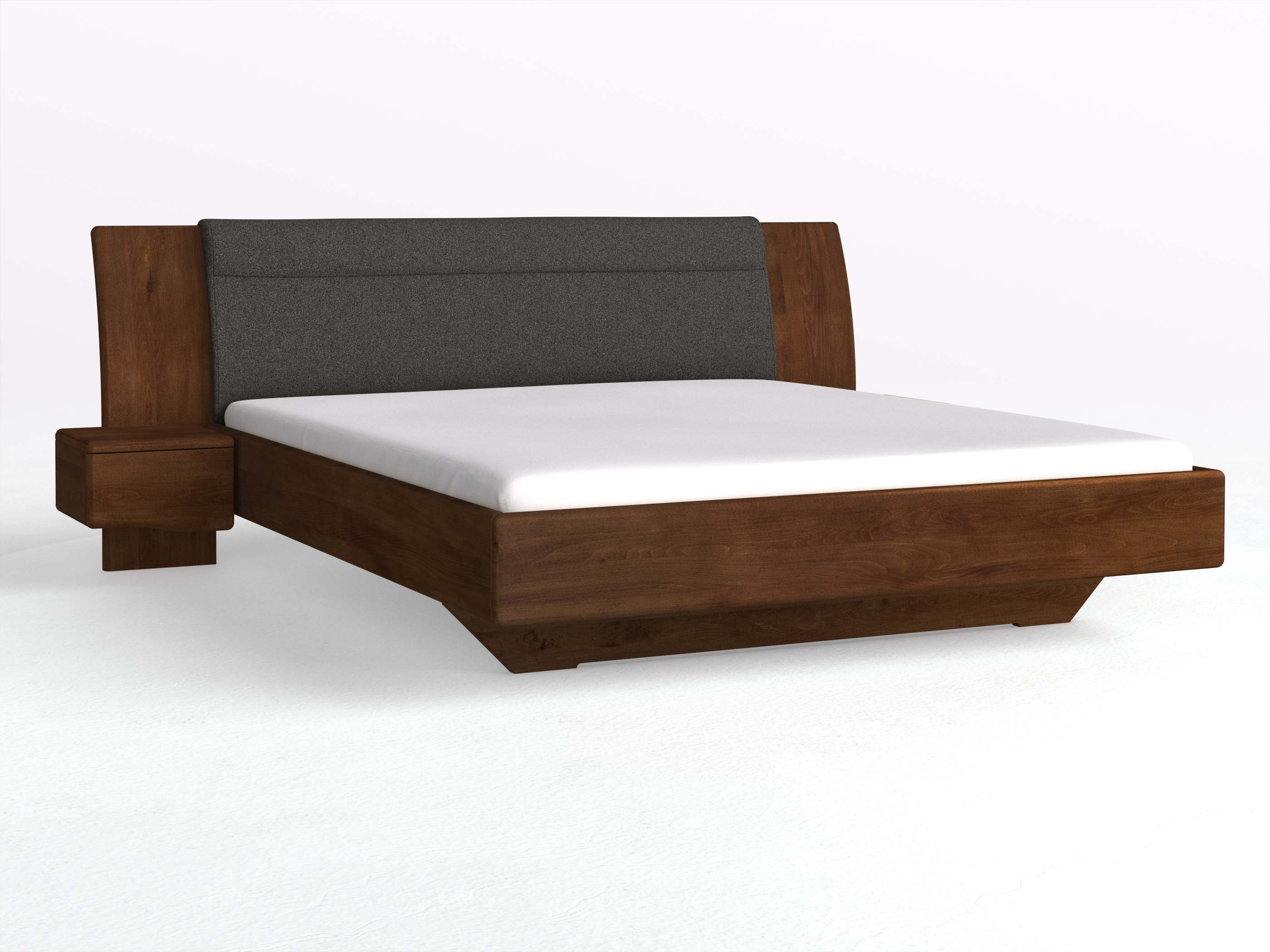 Buchenbett Dunkel „Nadja“ in 180 x 200 cm, mit zwei Nachttischen (40cm) Griff: Welle und Stoff: Schafschurwolle „Loden“ in der Farbe Anthrazit