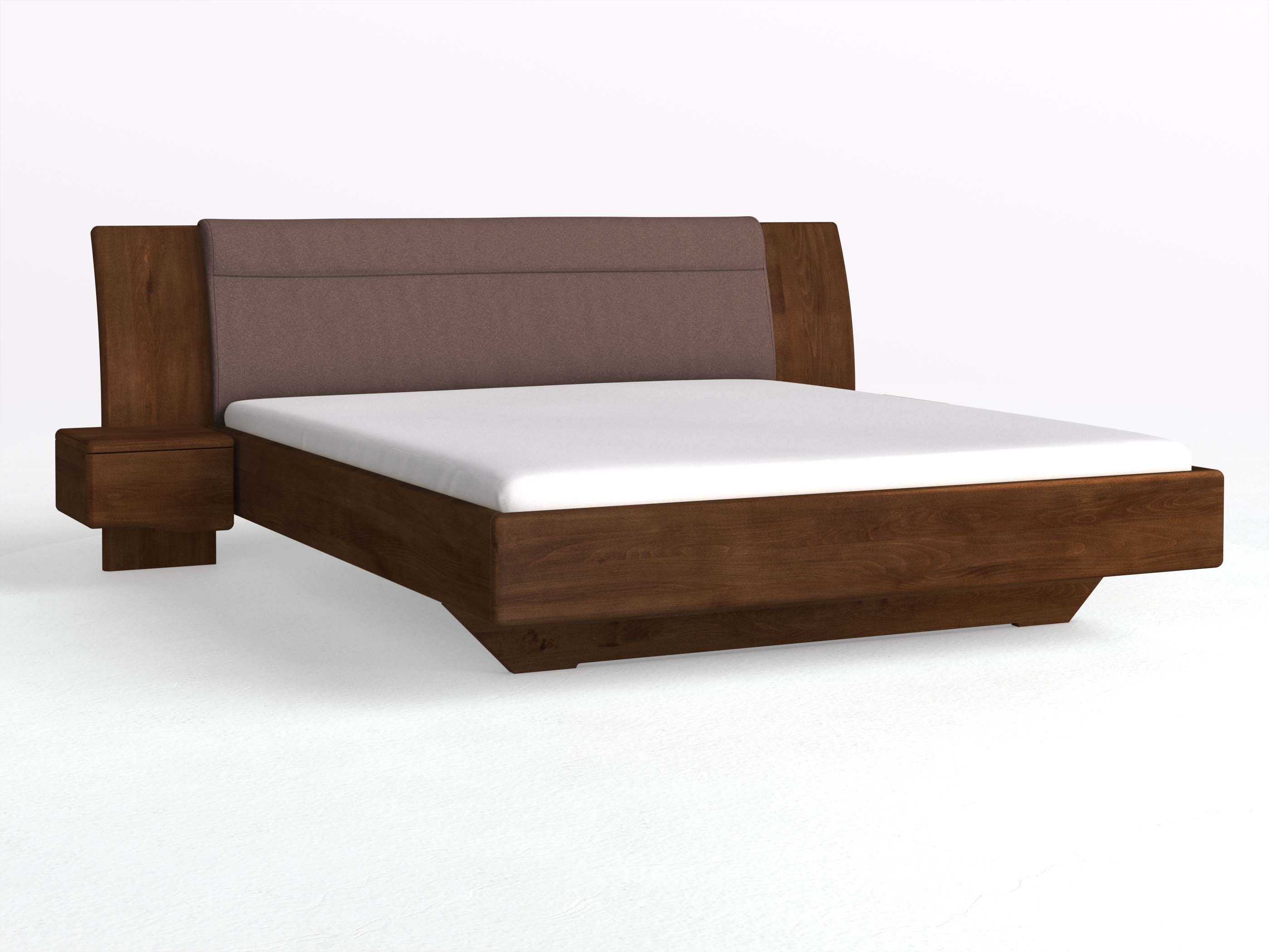 Buchenbett Dunkel „Nadja“ in 180 x 200 cm, mit zwei Nachttischen (40cm) Griff: Welle und Stoff: Schafschurwolle „Loden“ in der Farbe Abenddämmerung