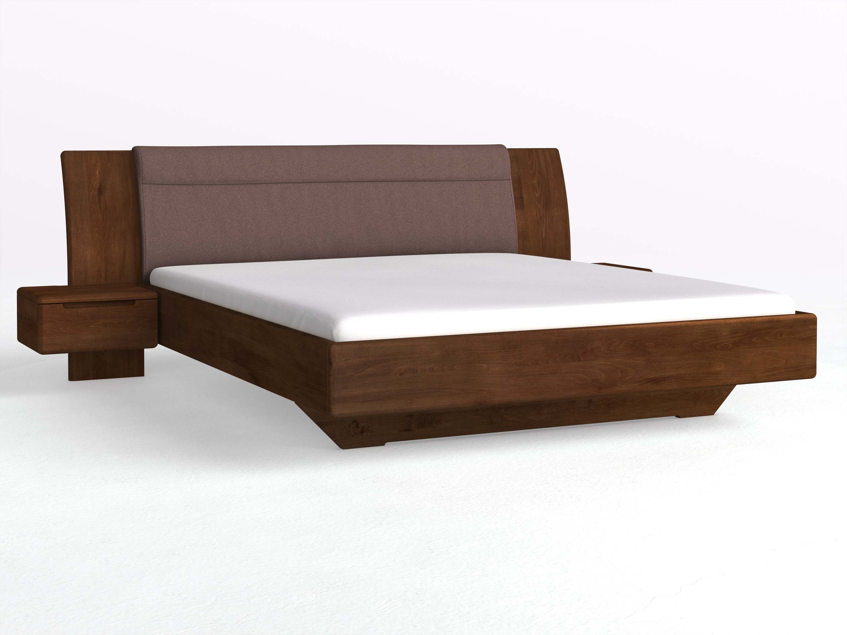 Buchenbett Dunkel „Nadja“ in 180 x 200 cm, mit zwei Nachttischen (50cm) Griff: Griffleiste B und Stoff: Schafschurwolle „Loden“ in der Farbe Abenddämmerung