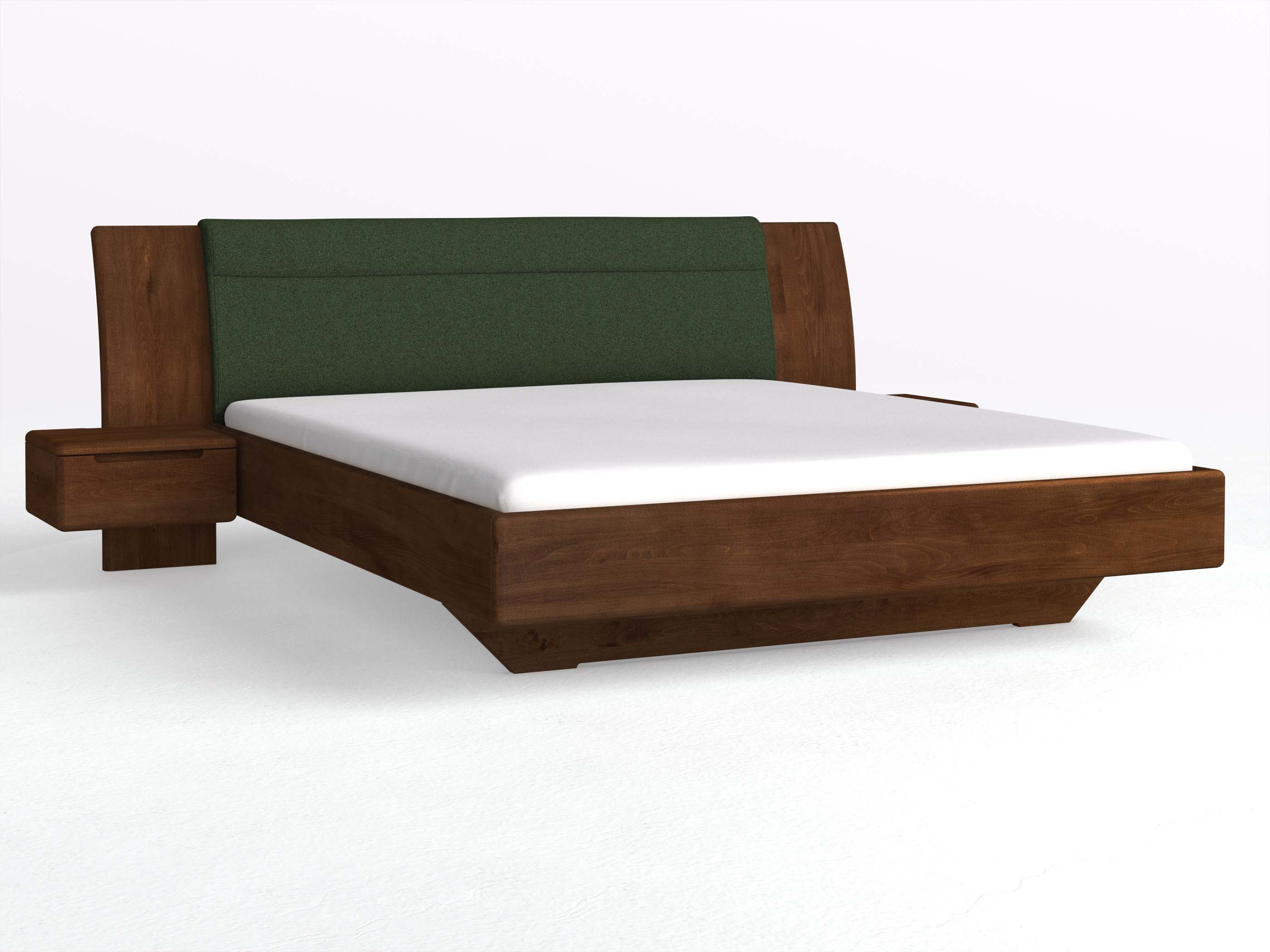 Buchenbett Dunkel „Nadja“ in 180 x 200 cm, mit zwei Nachttischen (50cm) Griff: Griffleiste B und Stoff: Schafschurwolle „Loden“ in der Farbe Tannenwald