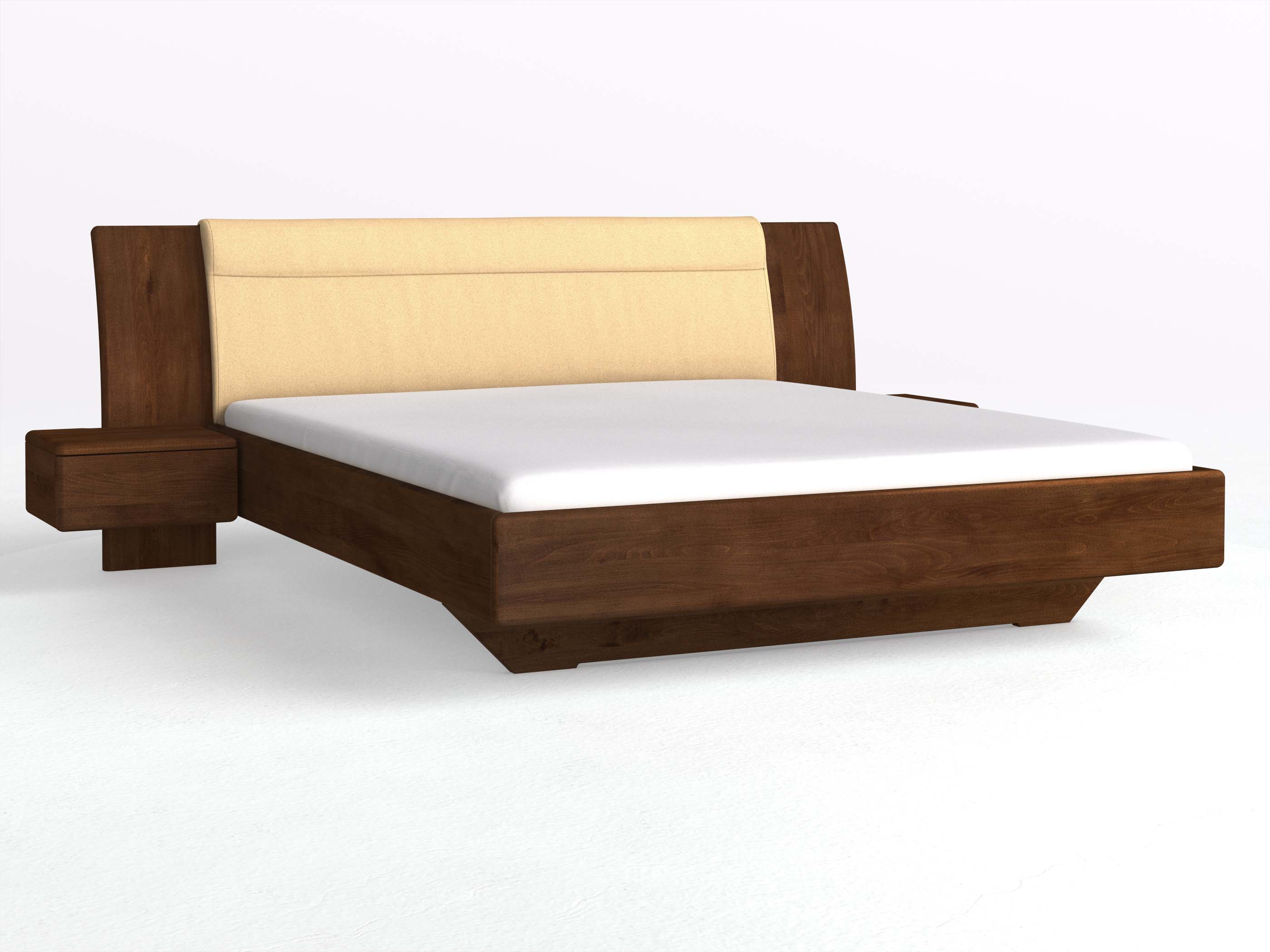 Buchenbett Dunkel „Nadja“ in 180 x 200 cm, mit zwei Nachttischen (50cm) Griff: Grifflos und Stoff: Schafschurwolle „Fischgrät“ in der Farbe Goldhirse