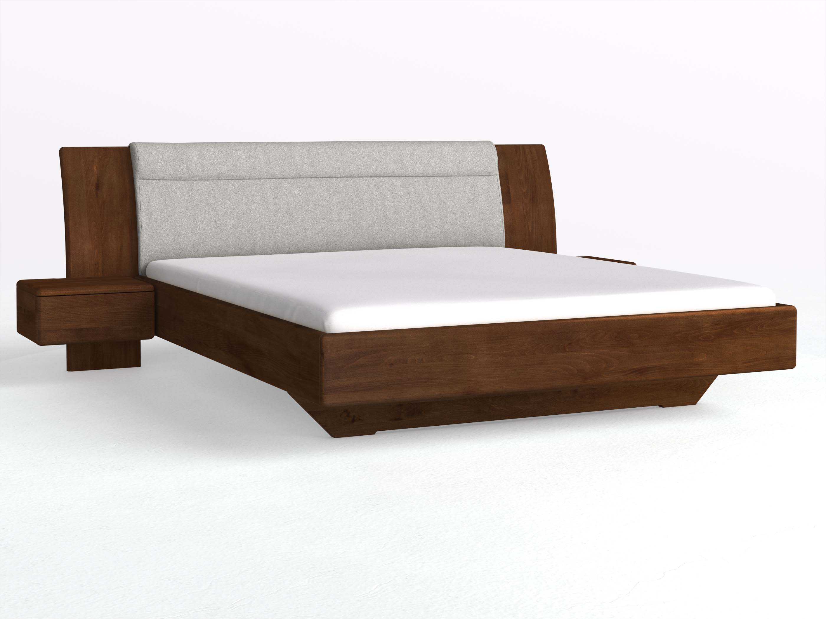 Buchenbett Dunkel „Nadja“ in 180 x 200 cm, mit zwei Nachttischen (50cm) Griff: Grifflos und Stoff: Schafschurwolle „Loden“ in der Farbe Nebelgrau