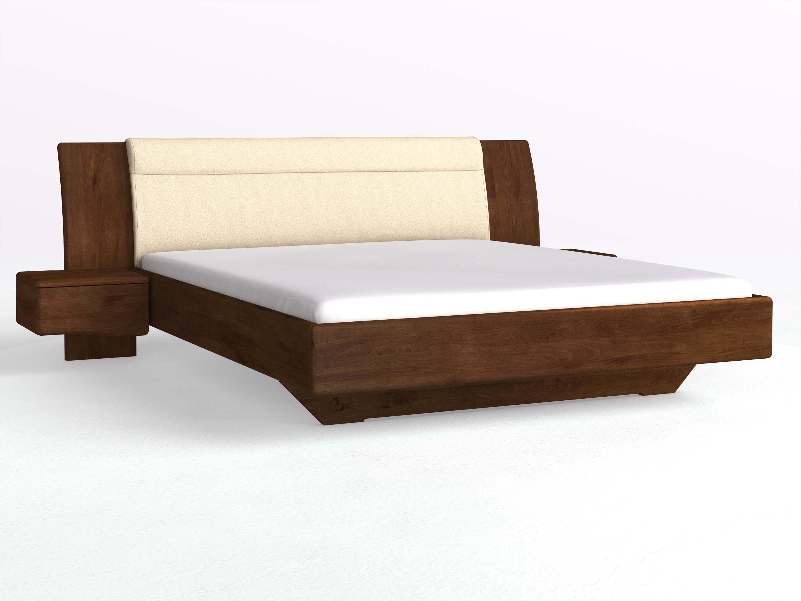 Buchenbett Dunkel „Nadja“ in 180 x 200 cm, mit zwei Nachttischen (50cm) Griff: Welle und Stoff: Schafschurwolle „Fischgrät“ in der Farbe Holunderblüte