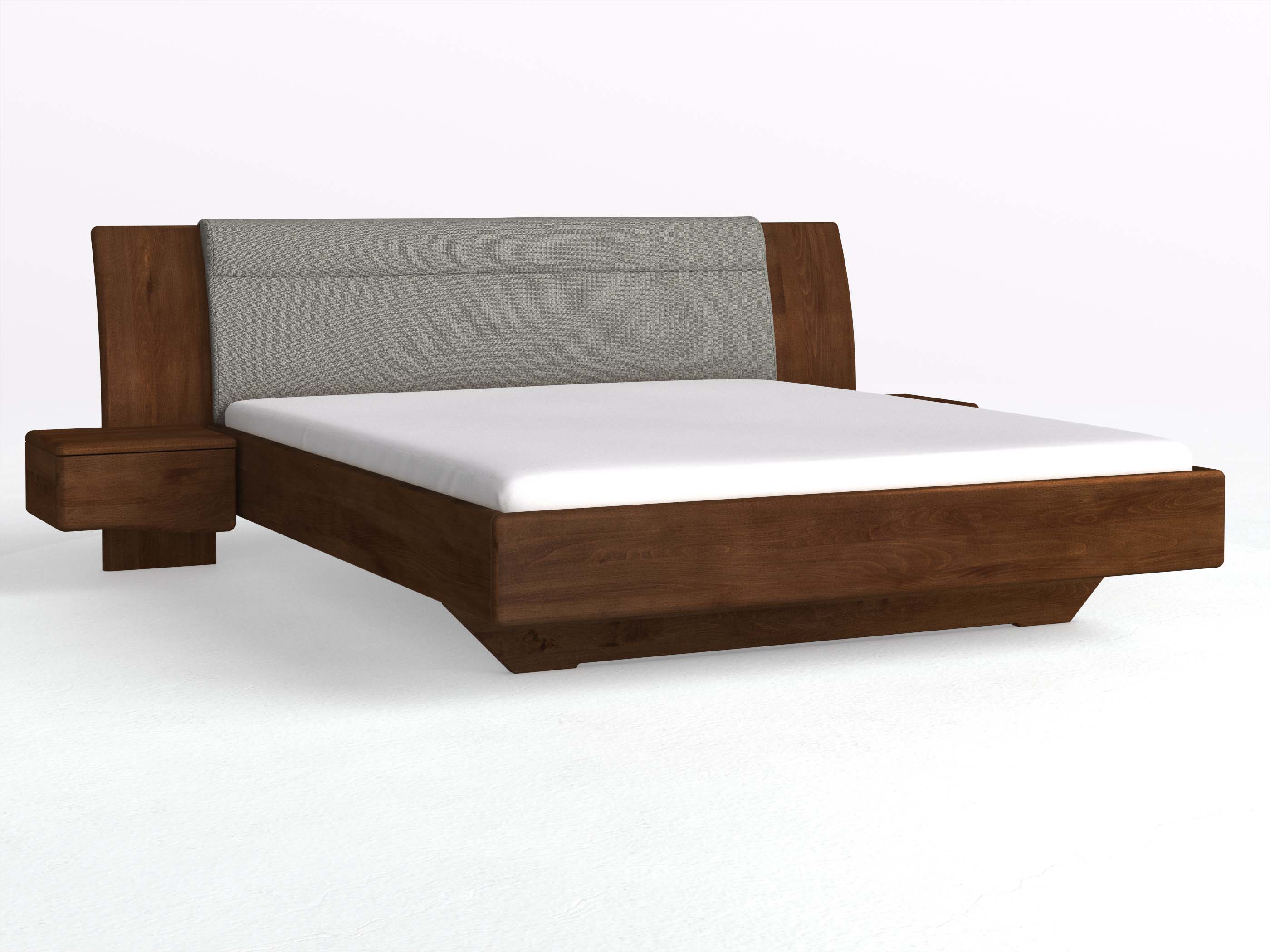 Buchenbett Dunkel „Nadja“ in 180 x 200 cm, mit zwei Nachttischen (50cm) Griff: Welle und Stoff: Schafschurwolle „Fischgrät“ in der Farbe Grauer Mohn