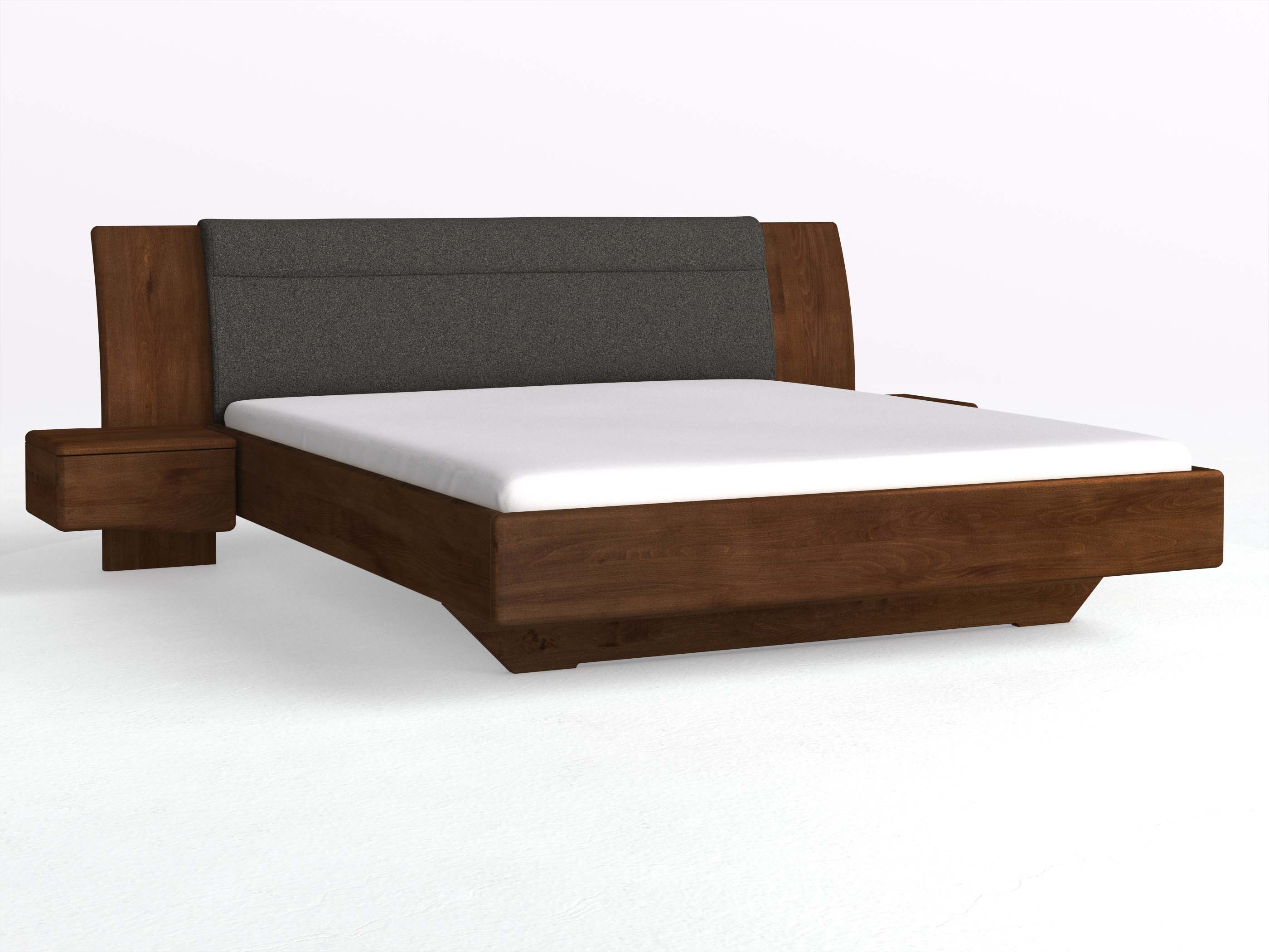 Buchenbett Dunkel „Nadja“ in 180 x 200 cm, mit zwei Nachttischen (50cm) Griff: Welle und Stoff: Schafschurwolle „Loden“ in der Farbe Anthrazit