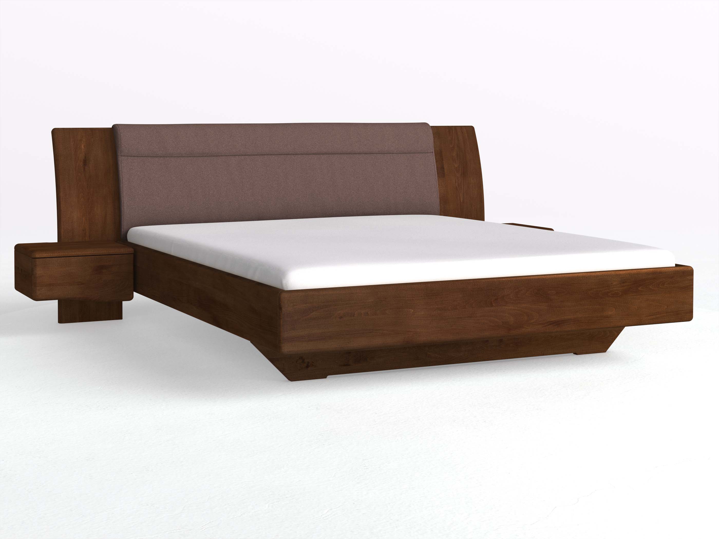 Buchenbett Dunkel „Nadja“ in 180 x 200 cm, mit zwei Nachttischen (50cm) Griff: Welle und Stoff: Schafschurwolle „Loden“ in der Farbe Abenddämmerung