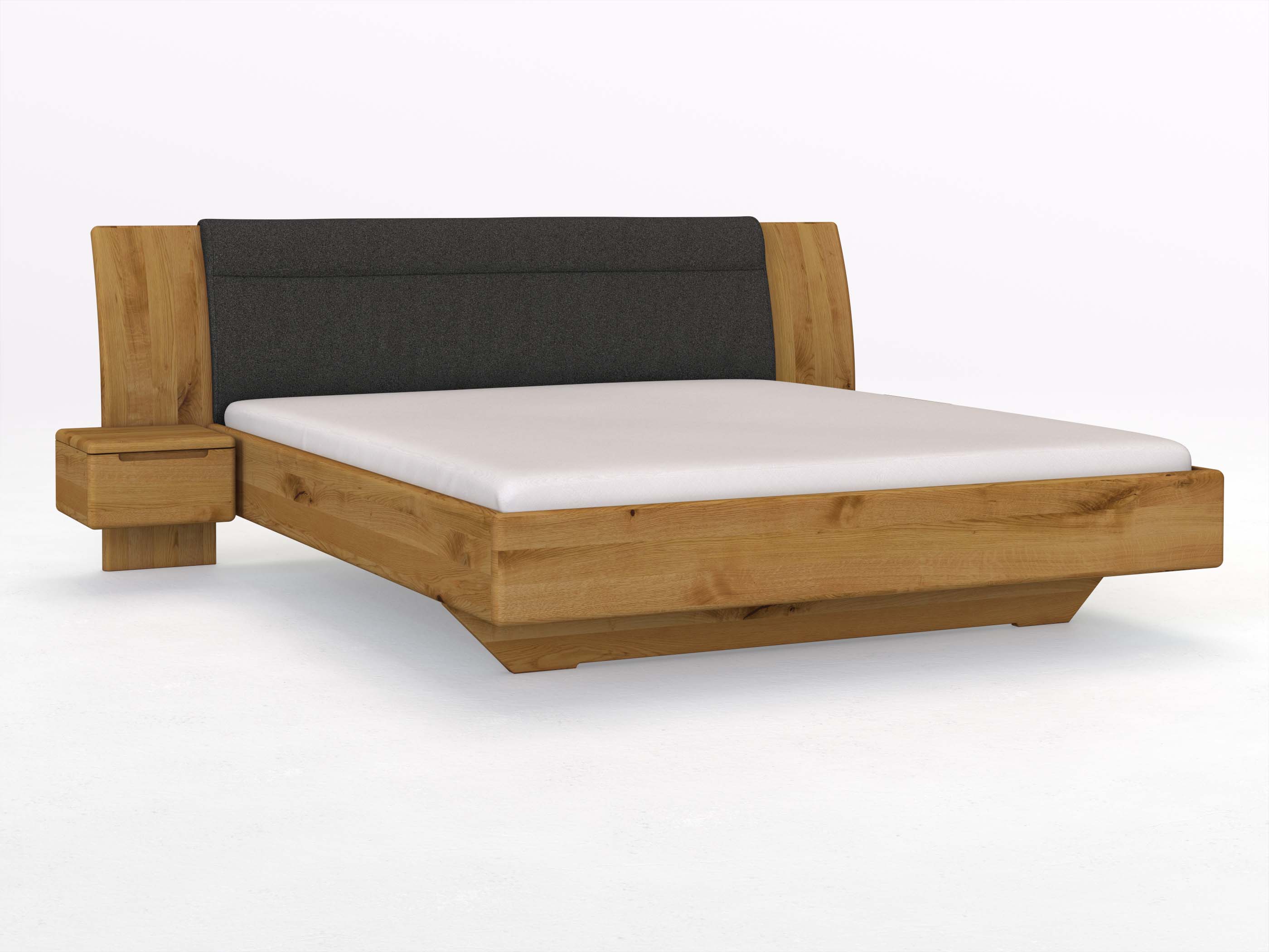 Wildeichenbett „Nadja“ in 180 x 200 cm, mit zwei Nachttischen (40cm) Griff: Griffleiste B und Stoff: Schafschurwolle „Loden“ in der Farbe Anthrazit