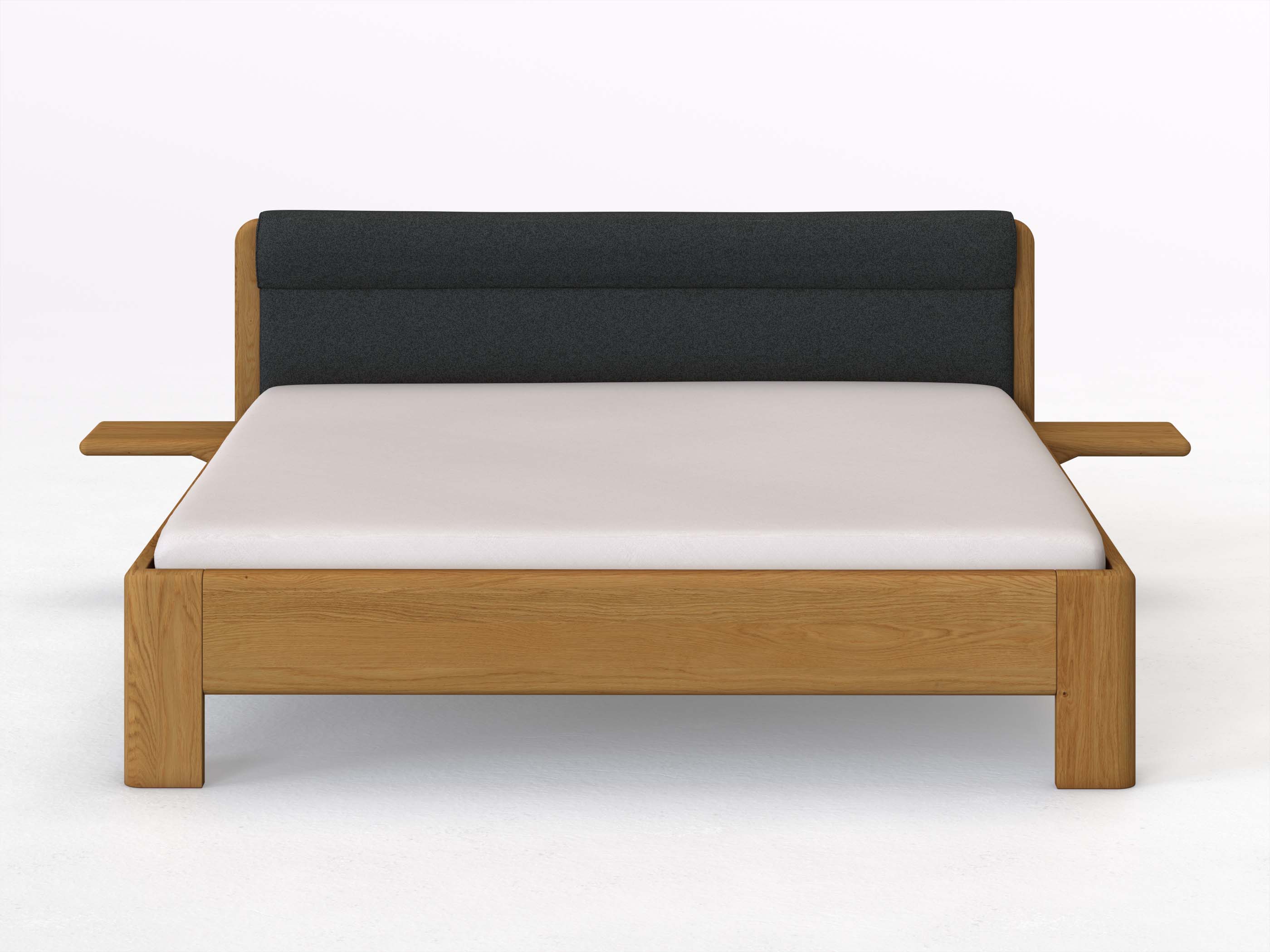 Eichenbett „Niklas“ in 180 x 200 cm mit 2 Ablagen und Stoffkopfteil - Stoff: Schafschurwolle „Fischgrät“ in der Farbe Wacholderbeere