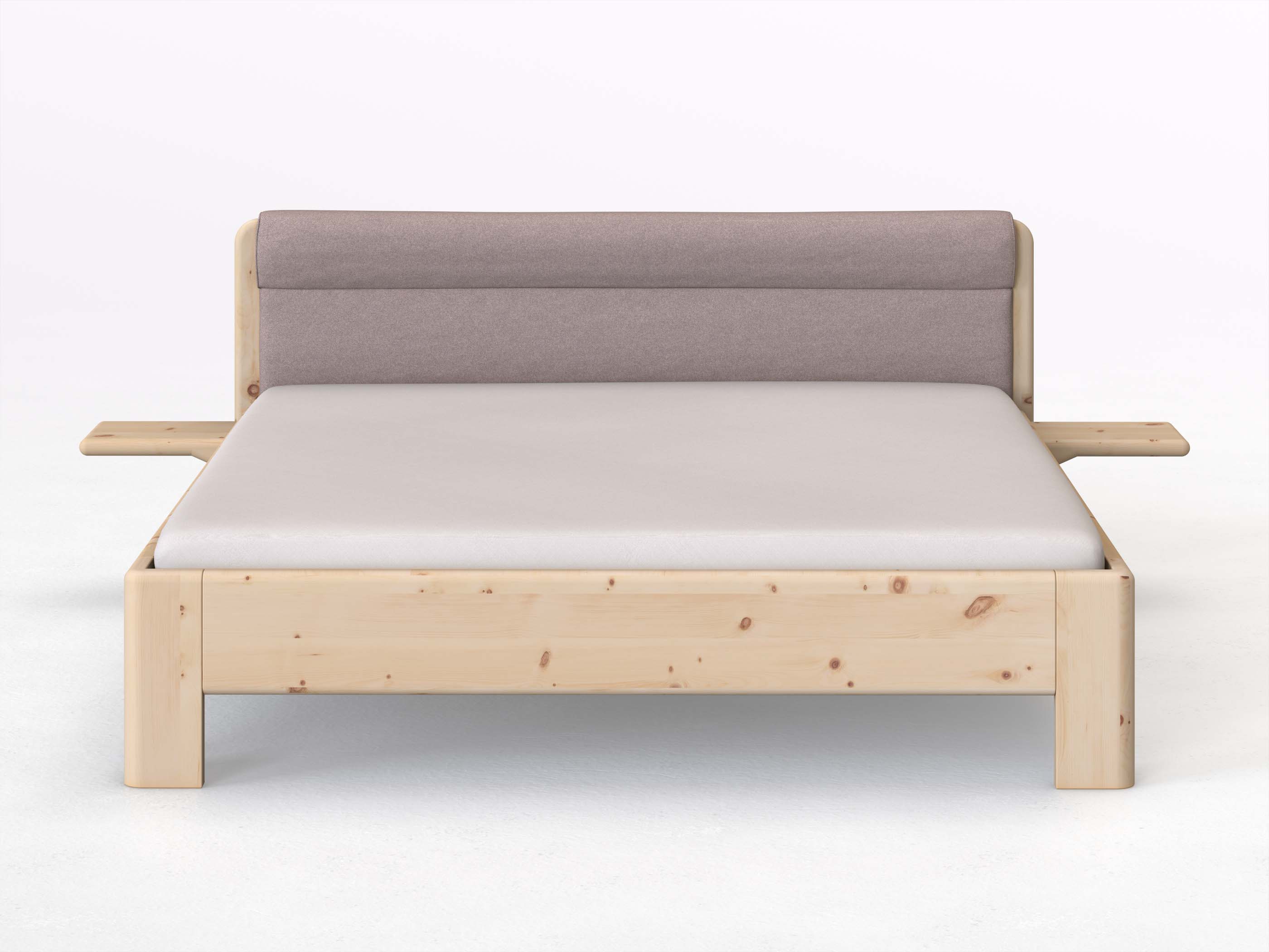 Zirbenbett „Niklas“ in 180 x 200 cm mit 2 Ablagen und Stoffkopfteil - Stoff: Schafschurwolle „Fischgrät“ in der Farbe Zartflieder
