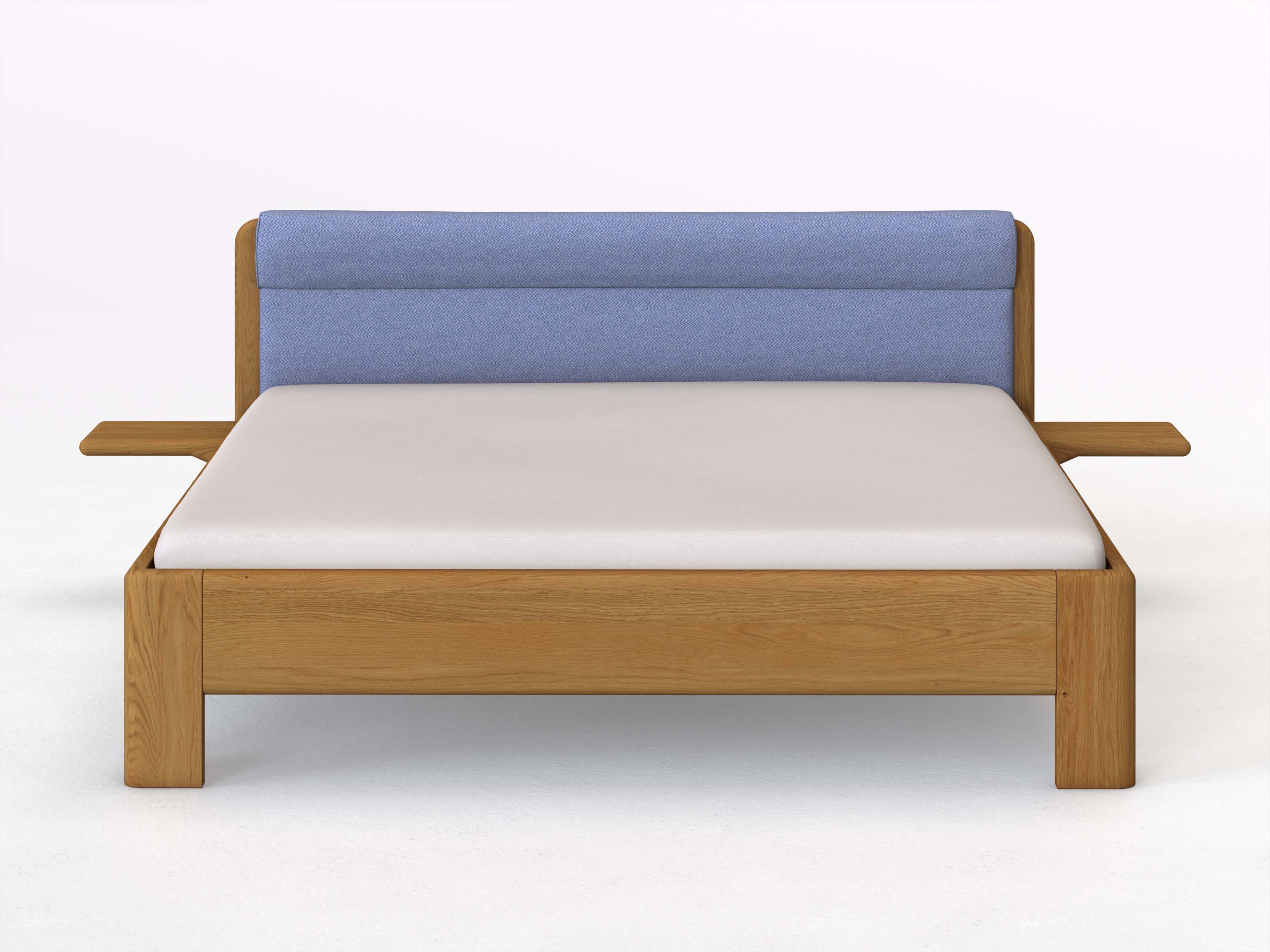 Eichenbett „Niklas“ in 180 x 200 cm mit 2 Ablagen und Stoffkopfteil - Stoff: Schafschurwolle „Fischgrät“ in der Farbe Kornblume