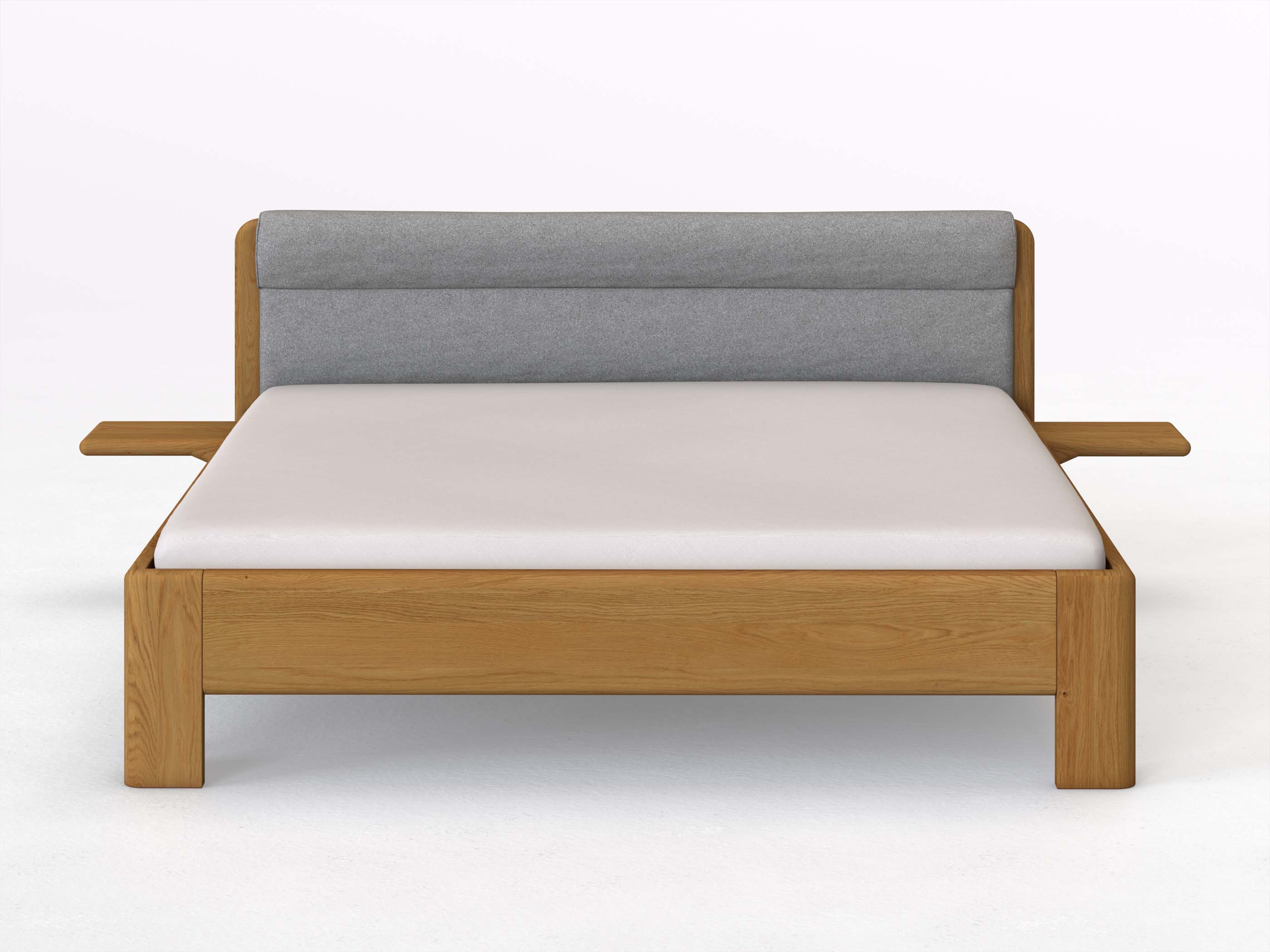 Eichenbett „Niklas“ in 180 x 200 cm mit 2 Ablagen und Stoffkopfteil - Stoff: Schafschurwolle „Loden“ in der Farbe Nebelgrau