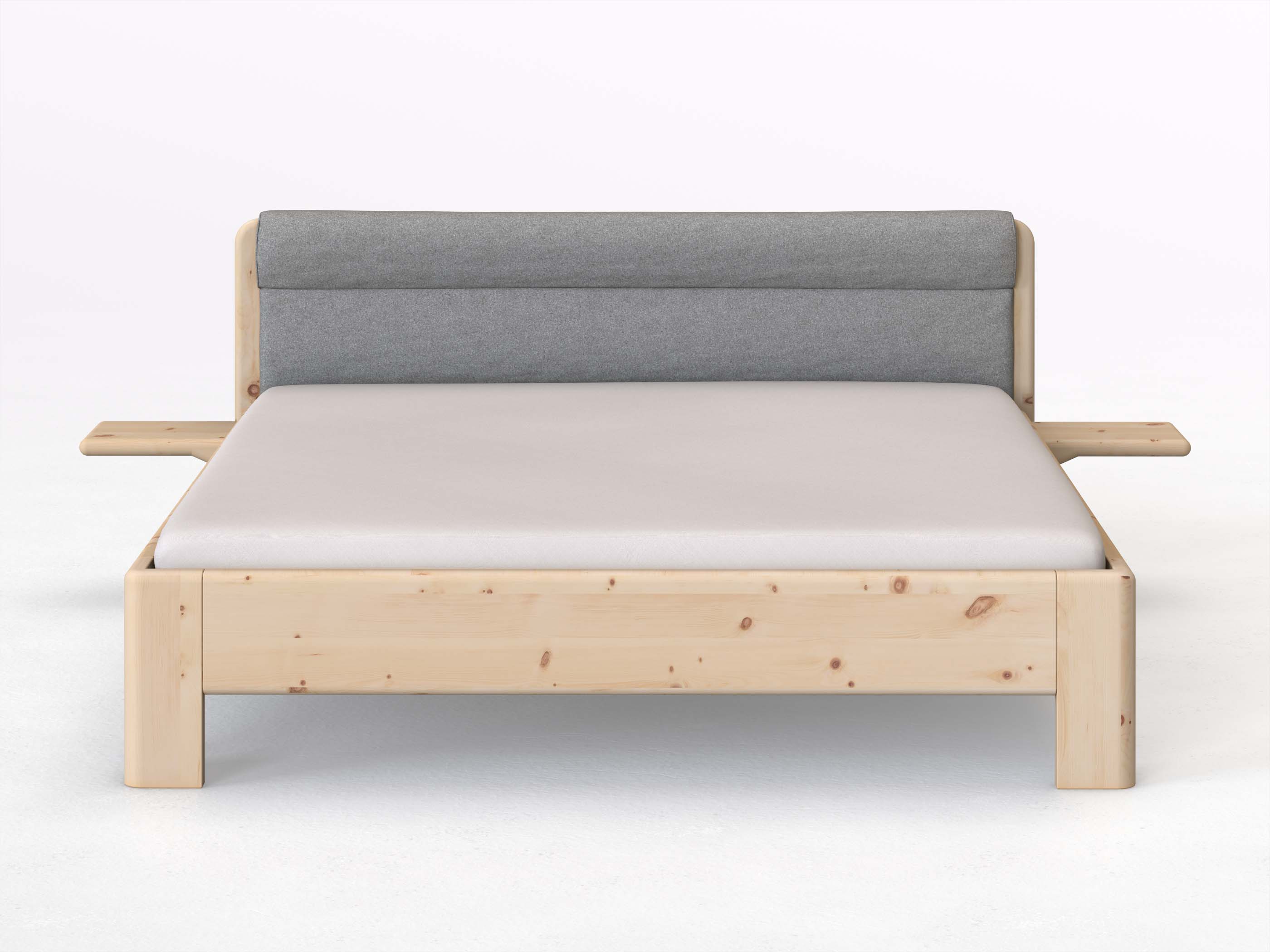Zirbenbett „Niklas“ in 180 x 200 cm mit 2 Ablagen und Stoffkopfteil - Stoff: Schafschurwolle „Loden“ in der Farbe Nebelgrau