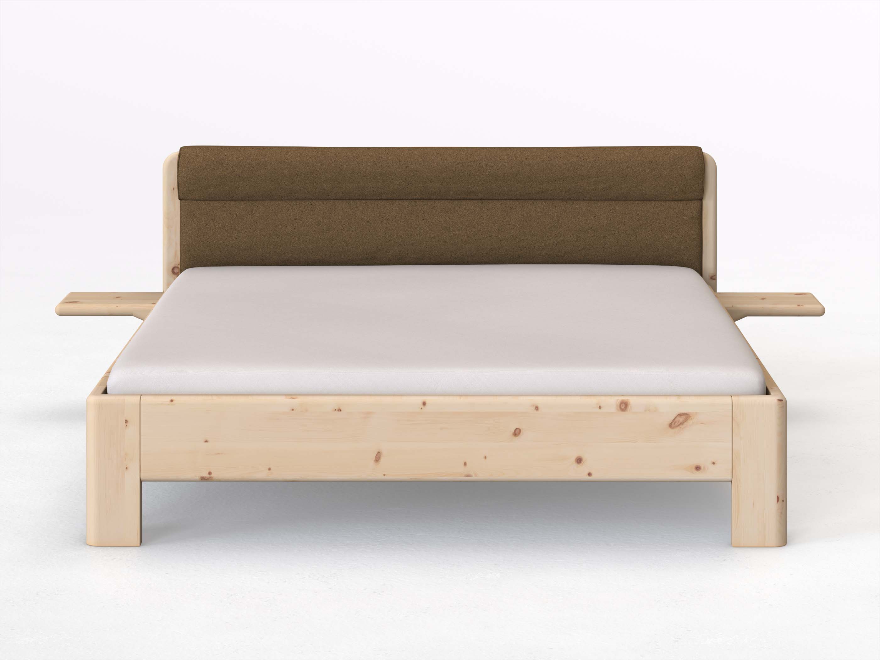 Zirbenbett „Niklas“ in 180 x 200 cm mit 2 Ablagen und Stoffkopfteil - Stoff: Schafschurwolle „Loden“ in der Farbe Zimtrinde