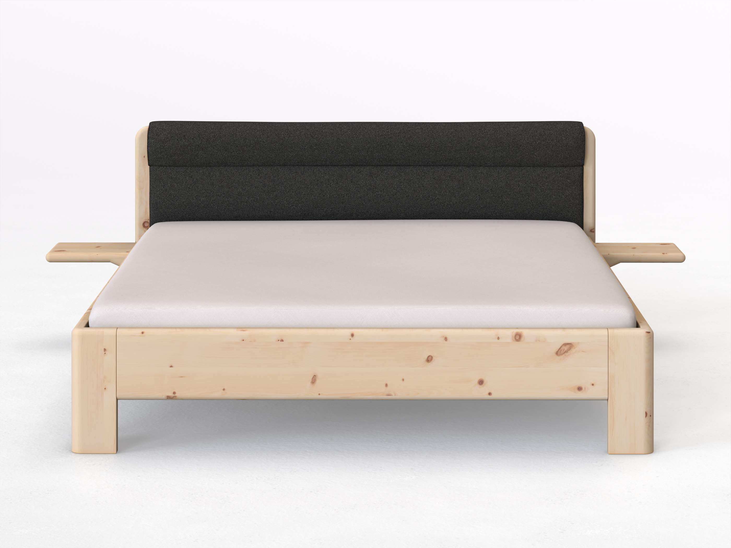 Zirbenbett „Niklas“ in 180 x 200 cm mit 2 Ablagen und Stoffkopfteil - Stoff: Schafschurwolle „Loden“ in der Farbe Anthrazit