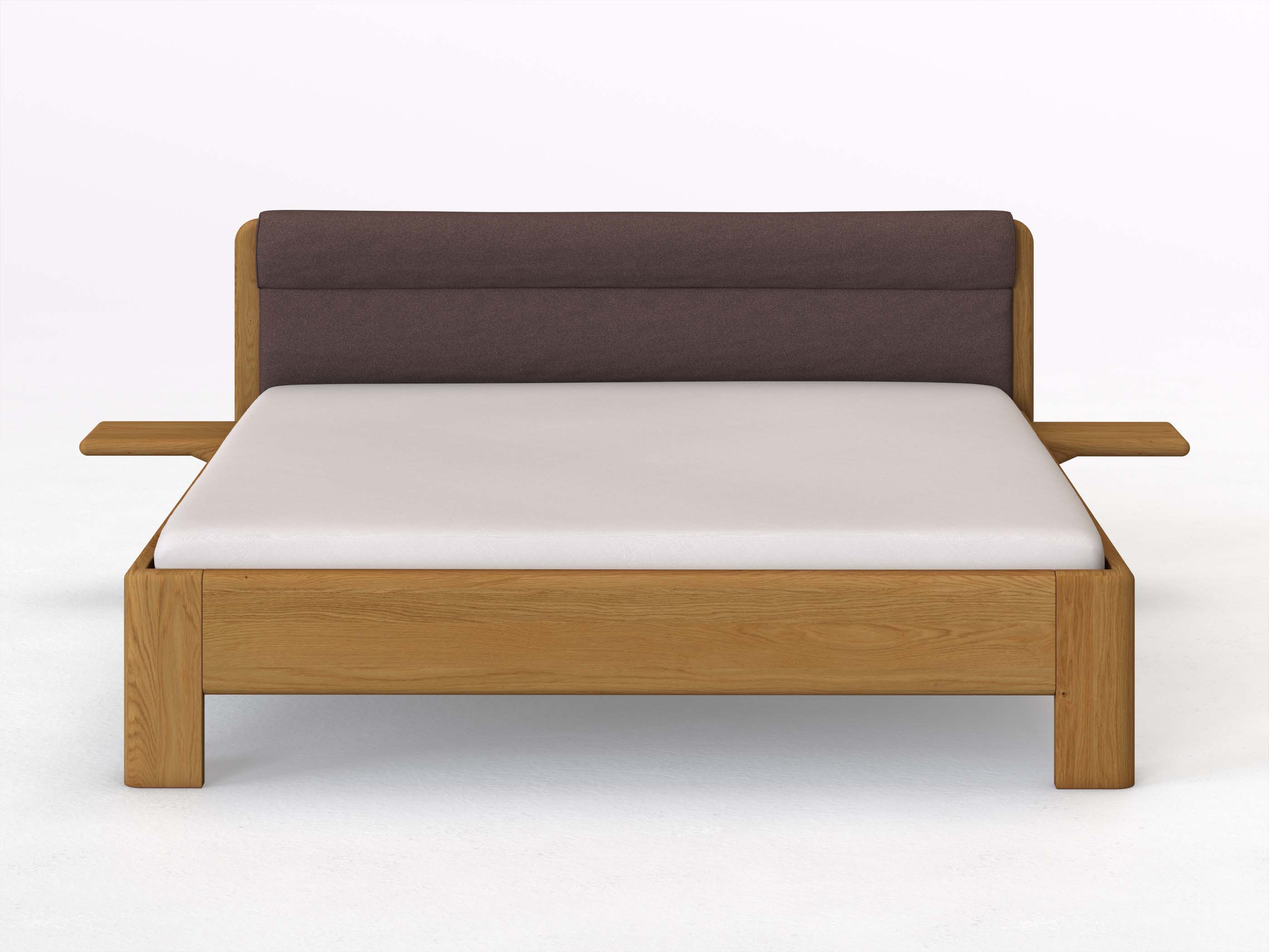 Eichenbett „Niklas“ in 180 x 200 cm mit 2 Ablagen und Stoffkopfteil - Stoff: Schafschurwolle „Loden“ in der Farbe Abenddämmerung