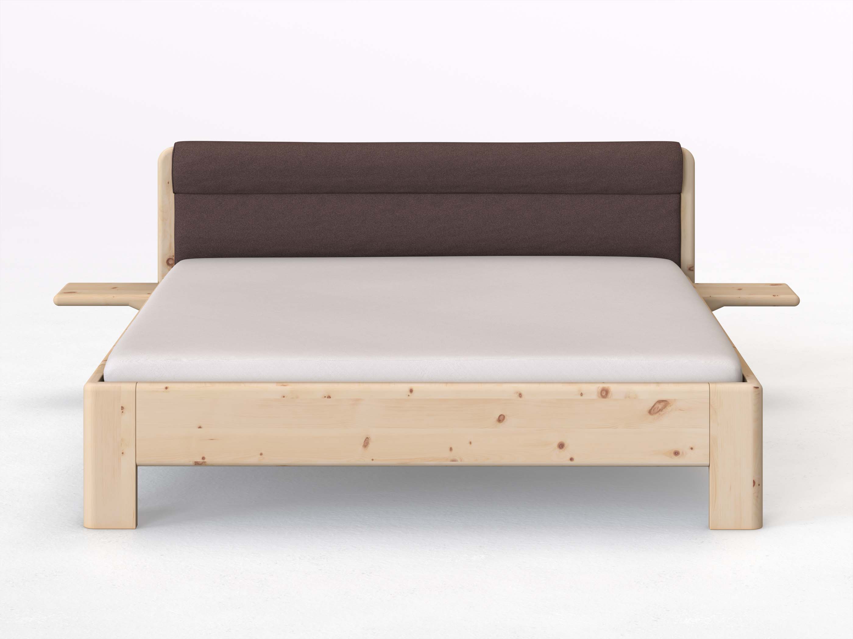 Zirbenbett „Niklas“ in 180 x 200 cm mit 2 Ablagen und Stoffkopfteil - Stoff: Schafschurwolle „Loden“ in der Farbe Abenddämmerung