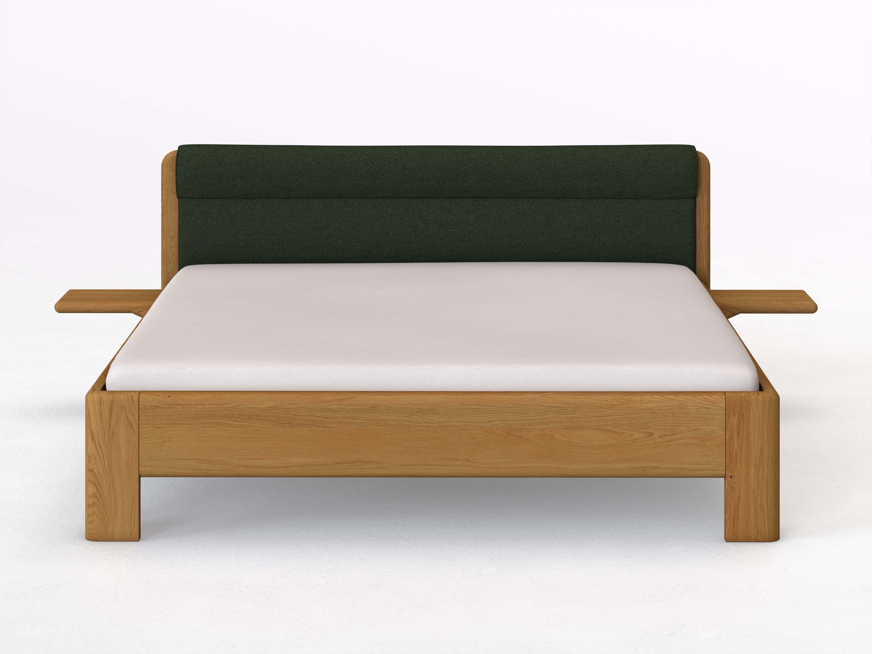 Eichenbett „Niklas“ in 180 x 200 cm mit 2 Ablagen und Stoffkopfteil - Stoff: Schafschurwolle „Loden“ in der Farbe Tannenwald