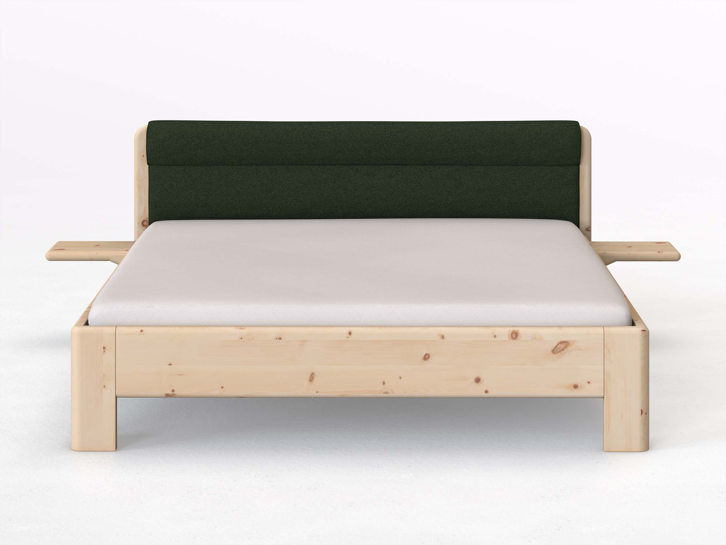 Zirbenbett „Niklas“ in 180 x 200 cm mit 2 Ablagen und Stoffkopfteil - Stoff: Schafschurwolle „Loden“ in der Farbe Tannenwald