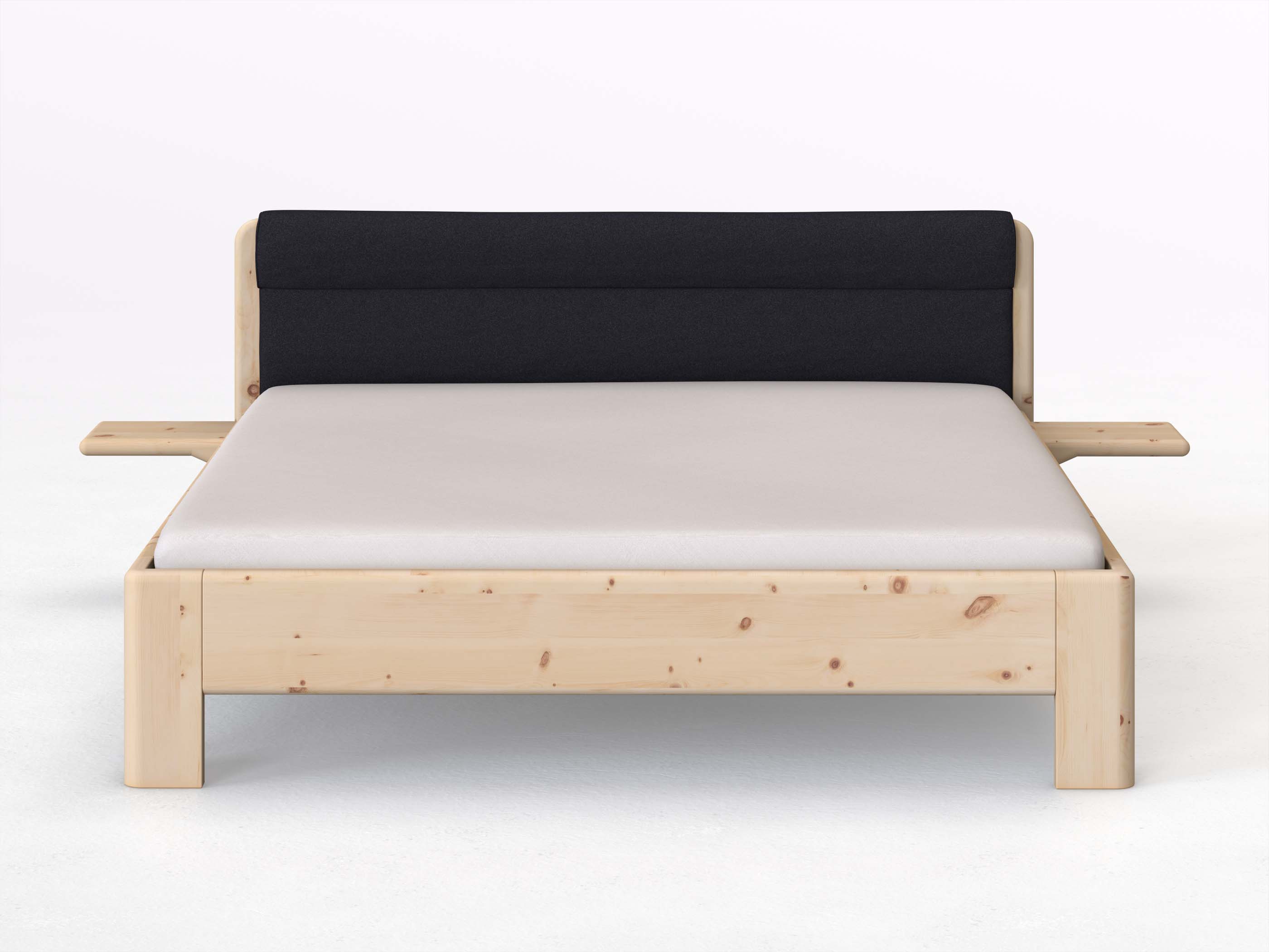 Zirbenbett „Niklas“ in 180 x 200 cm mit 2 Ablagen und Stoffkopfteil - Stoff: Schafschurwolle „Loden“ in der Farbe Nachtblau
